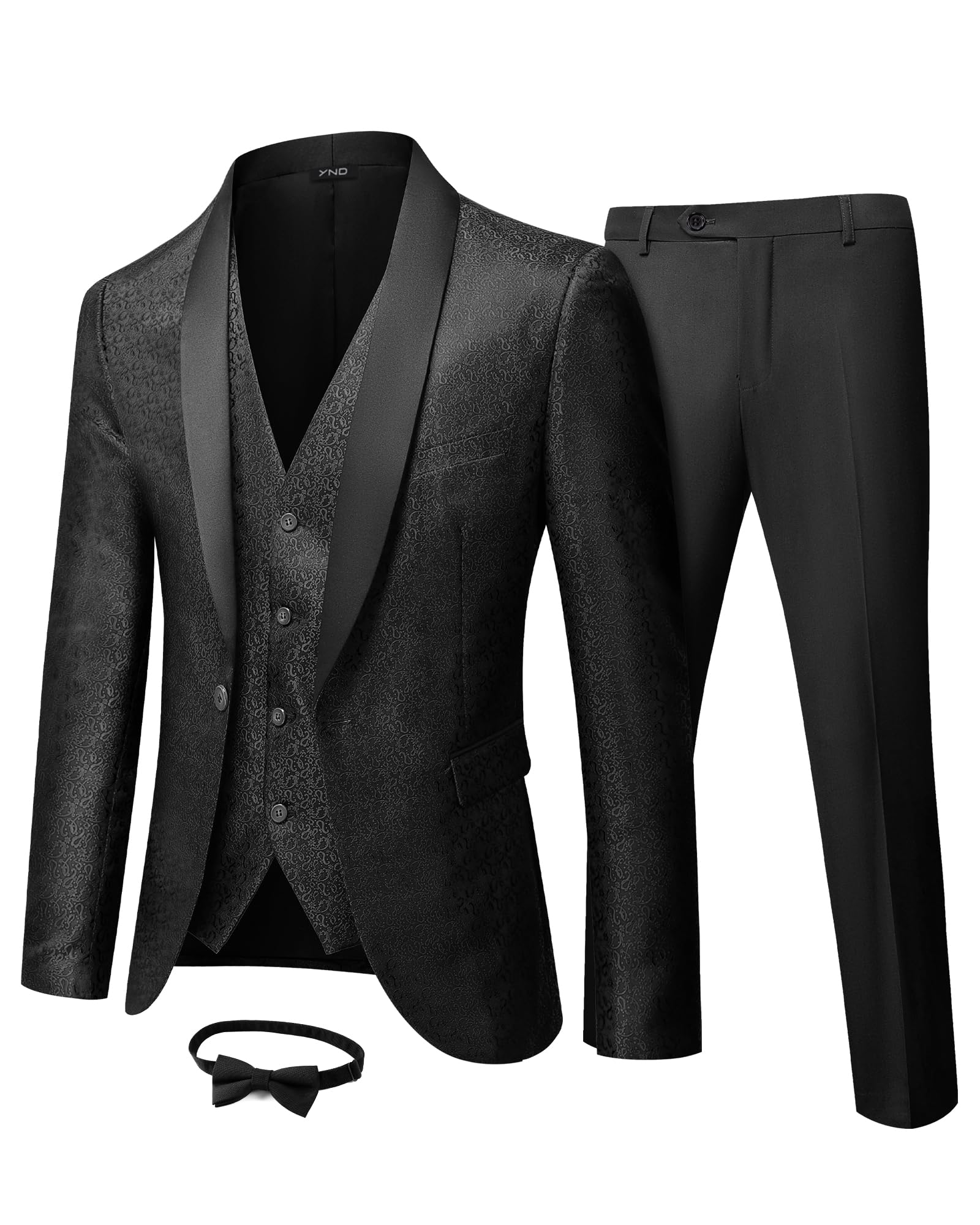 YND Men's 3 Piece Slim Fit Tuxedo Suit Set, One Button Shawl Collar Floral Business Blazer Jacket Vest Pants with Bow Tie