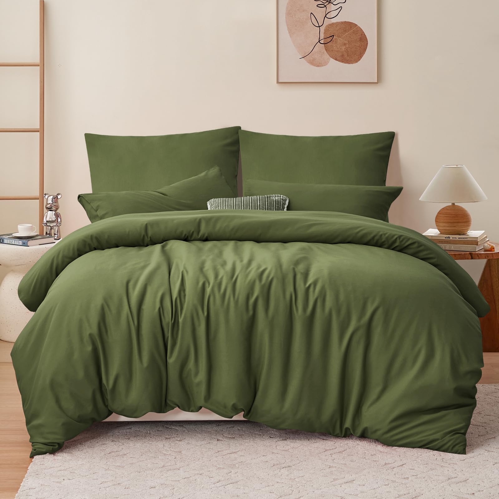 RUIKASI Bettwäsche 200x200 Grün 3teilig - Olivgrün Mikrofaser Bettwäsche-Sets Oeko-TEX, Bettbezüge 200 x 200cm + 2 Kissenbezüge 80x80cm mit Reißverschluss, Weich und Bügelfrei