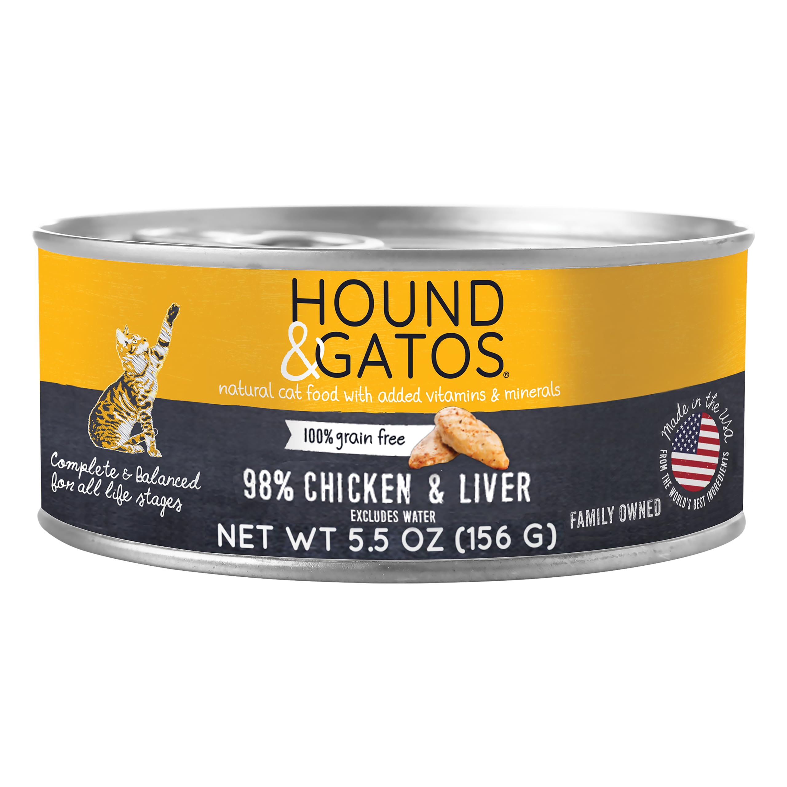 Hound & Gatos Wet Cat Food, 98% Chicken & Liver, Grain Free Pate Cat Food, Real Meat, High Protein, Limited Ingredients, No Additives, 5.5 oz. Cans (Pack of 24)