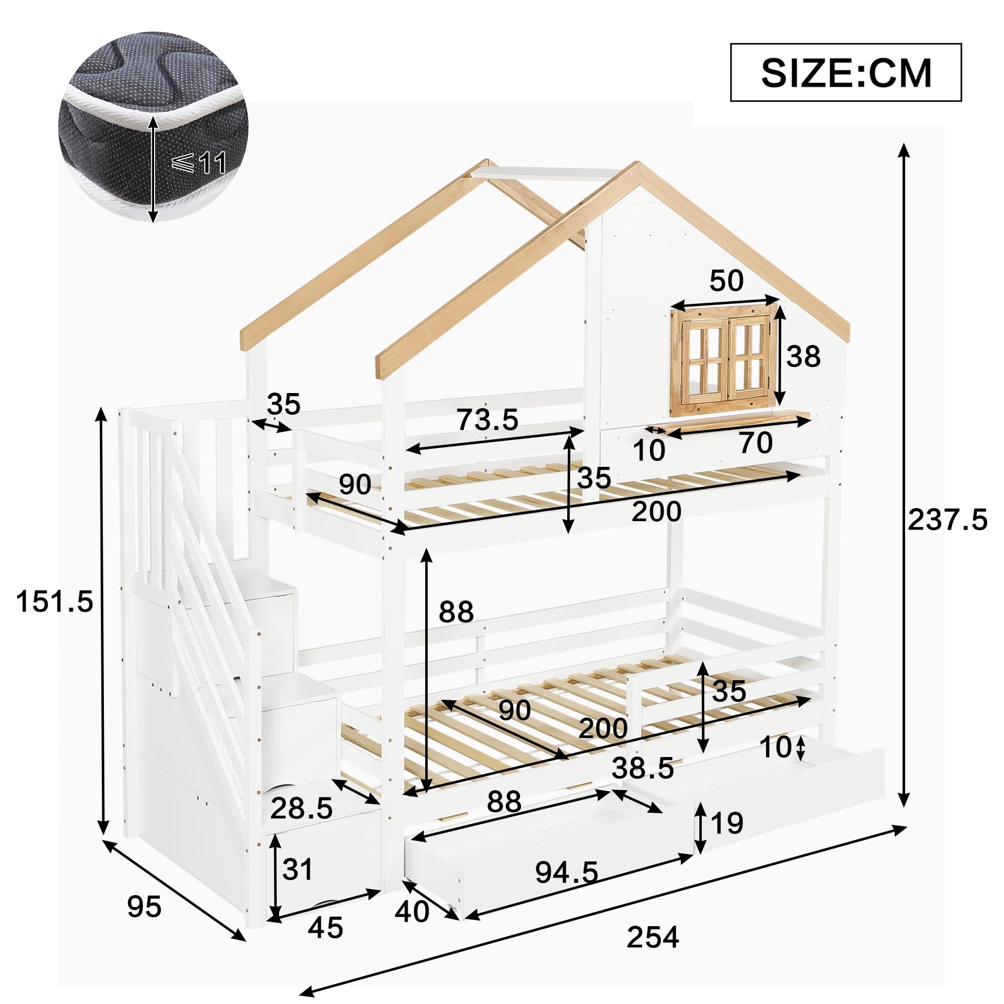 Litera Infantil para Niños 90x200 cm, Cama Alta con 2 Cajone, Litera Doble Matrimonio con Escalera Espacios de Almacenamiento, Cama Infantilen Forma de Casa con Ventana que se abre, Sin colchón