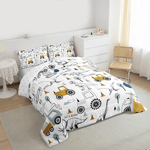 Miniatura 2 de Feelyou Juego de edredón de construcción, tamaño individual, para niños, con dibujos animados, excavadora, tractor, equipo de edredón, camiones,