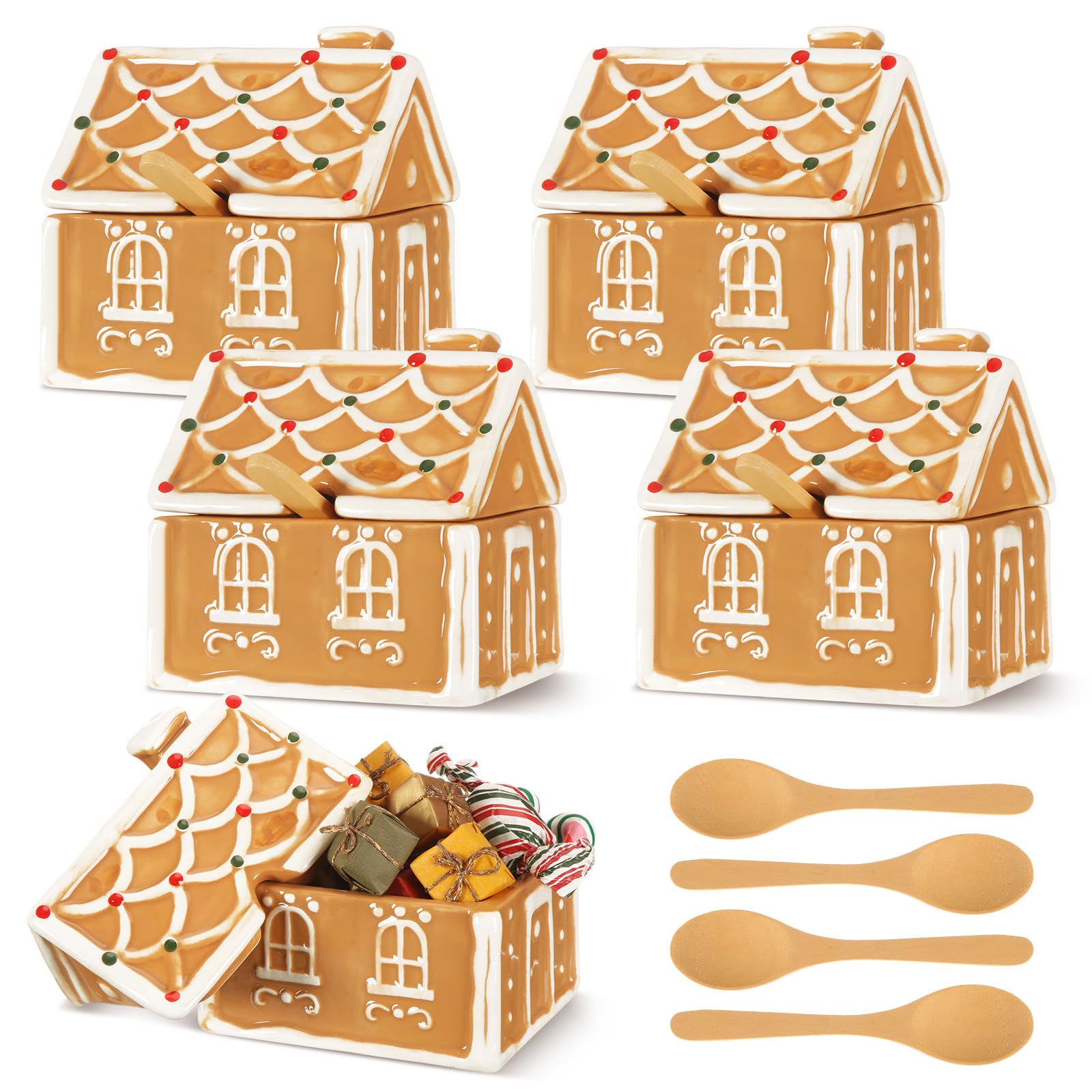 Honeydak Lebkuchenhaus-Zuckerdose aus Keramik mit 12,7 cm Löffeln, Weihnachts-Süßigkeiten-Vorratsdose mit Deckel, Backbehälter, Organizer, Urlaubsdekoration, Geschenk-Set, 10,9 x 8,9 x 10,9 cm, 4