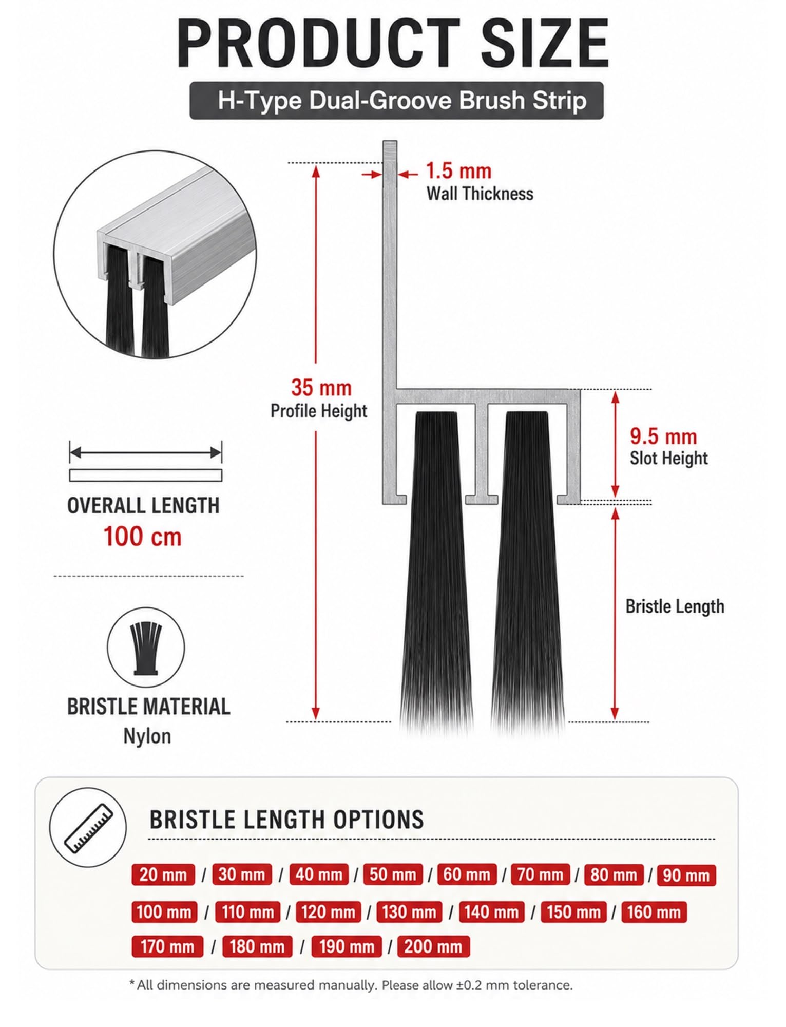 Dolna listwa uszczelniająca do drzwi, Szczotka paskowa typu H Stop aluminium, nylonowe włosie Drzwi Dolna blokada hałasu 20-200 mm(110 mm)