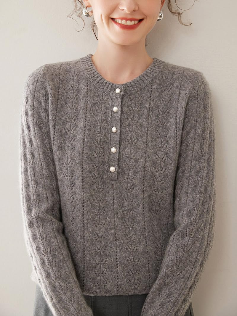 E-girl Maglione da donna 95% cashmere, girocollo, a maniche lunghe, lavorato a maglia, da donna, in lana di cashmere, con crepe, rilassato, SH522