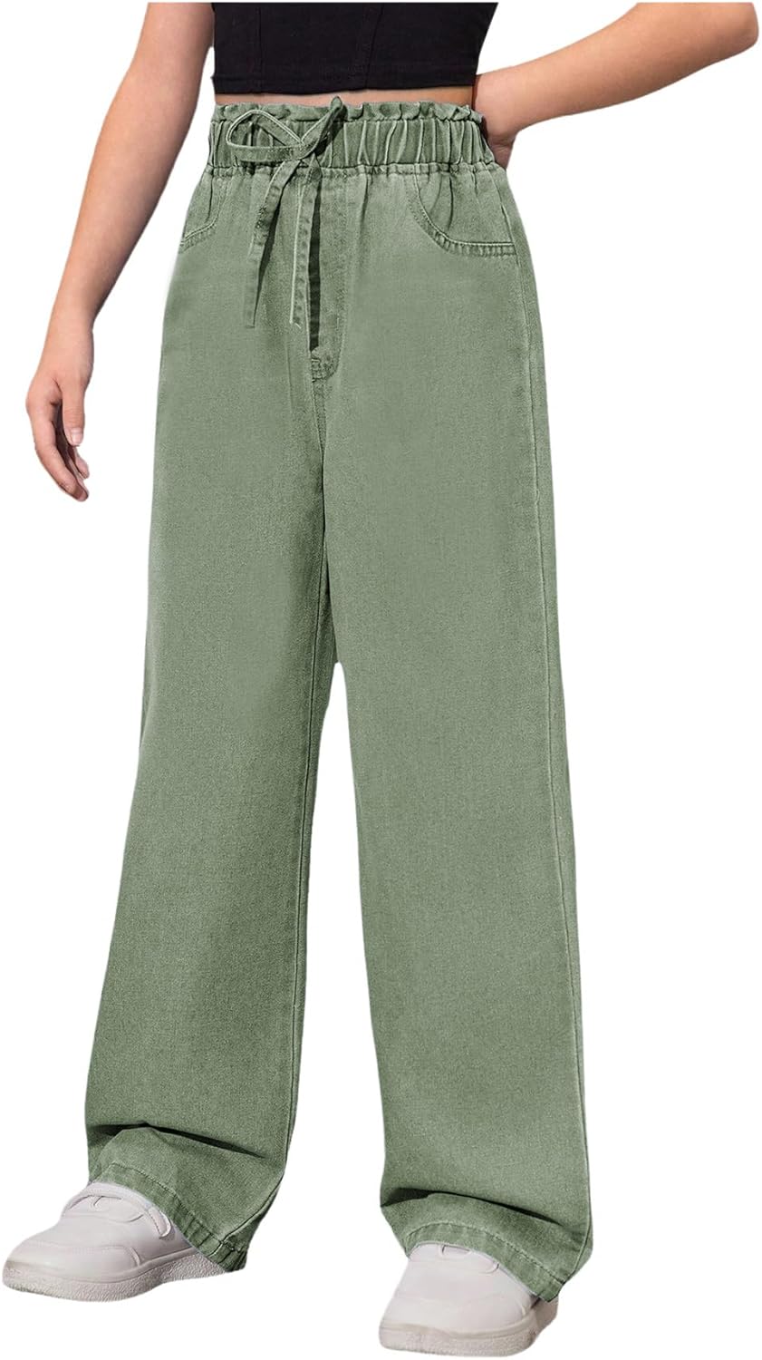 Girl's Baggy Wide Leg Jeans High Elastic Waisted Denim Pants Casual Jeans with Bow Y2K Streetwear