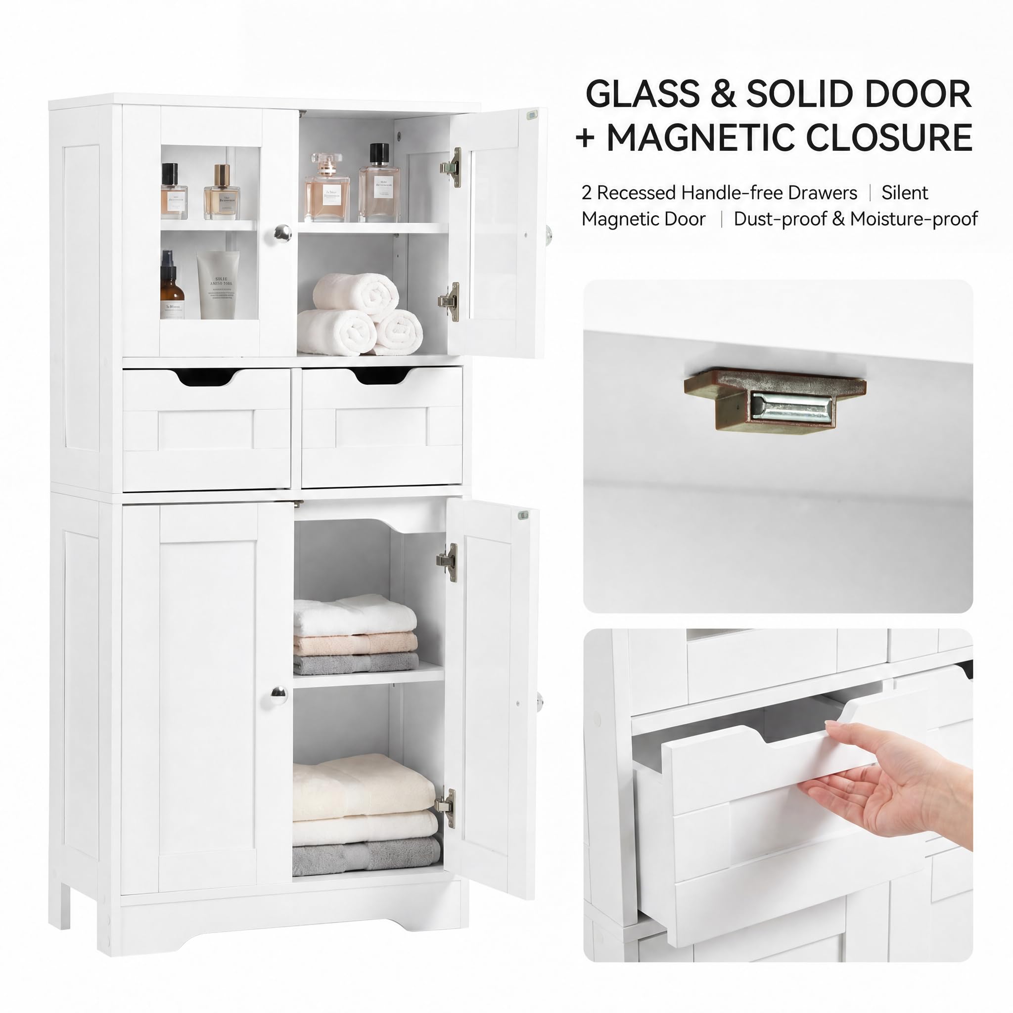 Mobile Alto da Bagno con 4 ante e 2 cassetti, pannello in melamina double face, 15 mm, robusto, ripiani regolabili, mobile di archiviazione per bagno, soggiorno, sala da pranzo(Bianco,128CM)