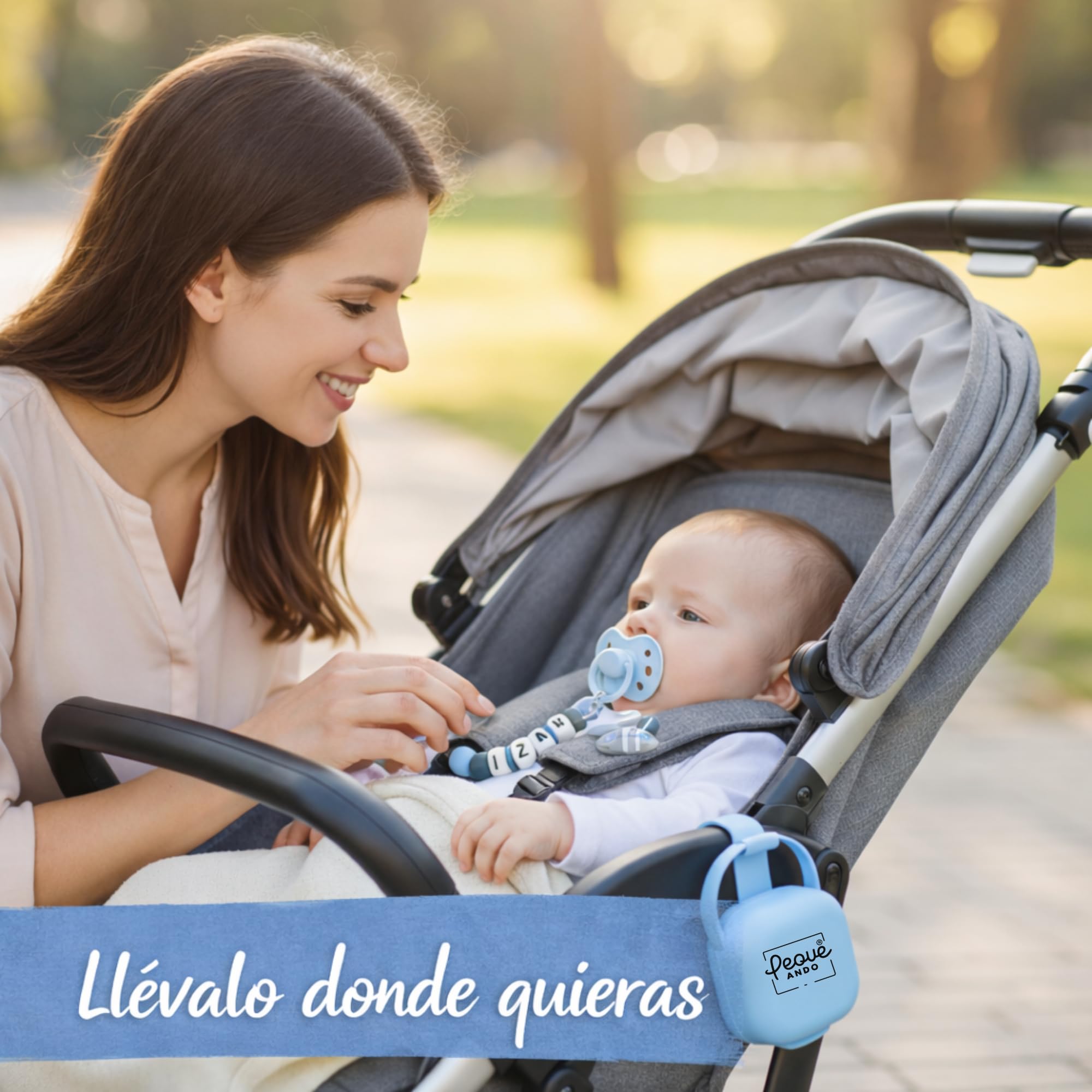 PEQUEANDO Sujetatetinas Cadena Personalizada con Nombre Hecho a Mano en España Chupetero de una Sola Pieza Regalo para Nacimiento y Baby Shower | Mas modelos (Pack Portachupete Azul) — view 3
