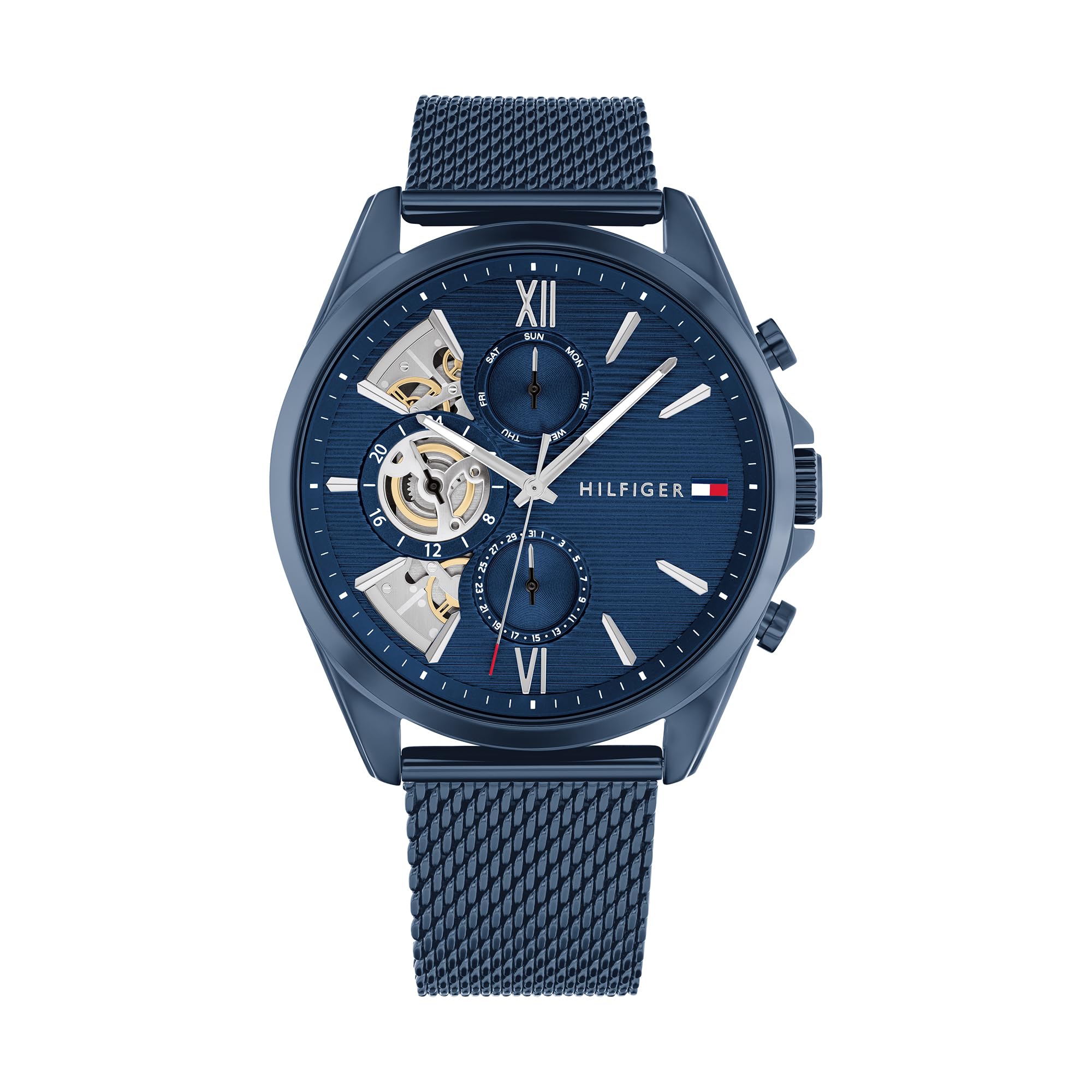 Tommy Hilfiger Orologio Analogico Multifunzione al Quarzo da Uomo con Cinturino in Maglia Metallica in Acciaio Inossidabile Blu - 1710648