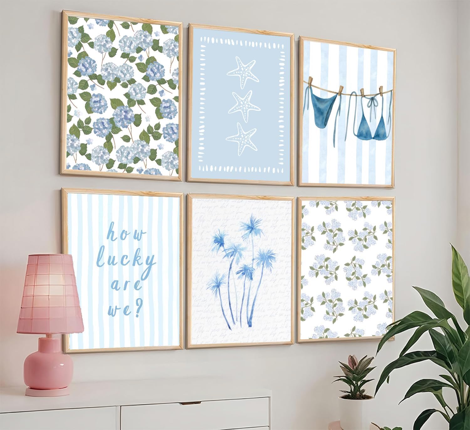 Shrandi 6 Pcs Blue Coastal Beach Canvas Wall Art Light Coastal Granddaughter Aesthetic Picture Prints Blue Bikini Starfish Posters Wall Decor for Girly Room Dorm Bedroom Decoration 12x16In Unframed