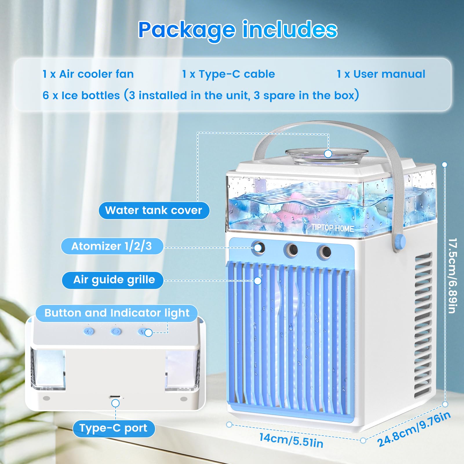 Aire Acondicionado Portátil Sin Tubo 5 en 1, Mini Aire Acondicionado Portátil, Climatizador Evaporativo con Control APP, 3 Velocidades, 3 Modos Niebla, Temporizador, Ventilador con 6 Cubiteras Hielo