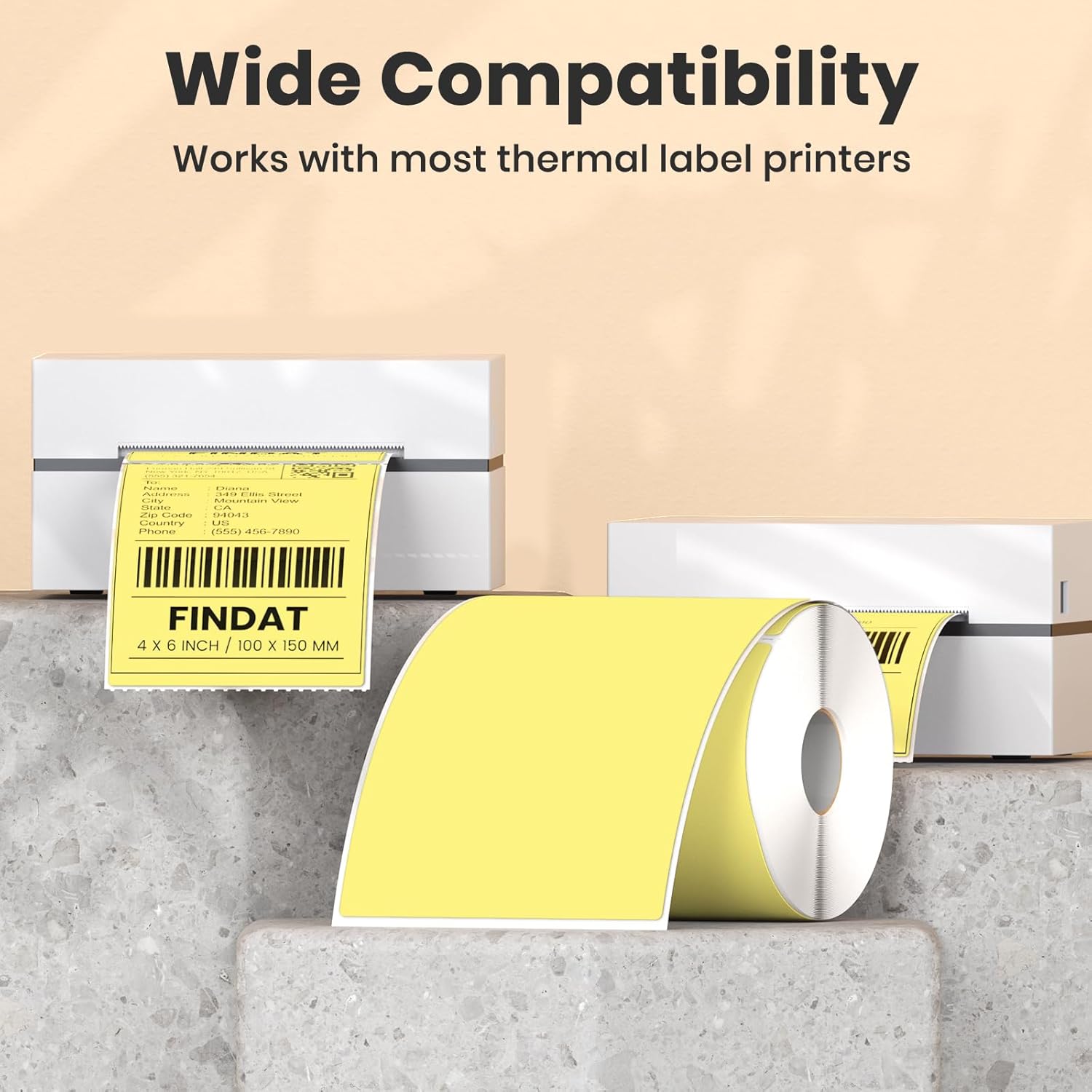 4''× 6'' Thermal Labels Yellow Vinyl Direct Printer Shipping Label Roll Rectangle Waterproof Self-Adhesive Perforated Address Mailing Stickers for UPS Package Business Postage Barcode 250 PCS