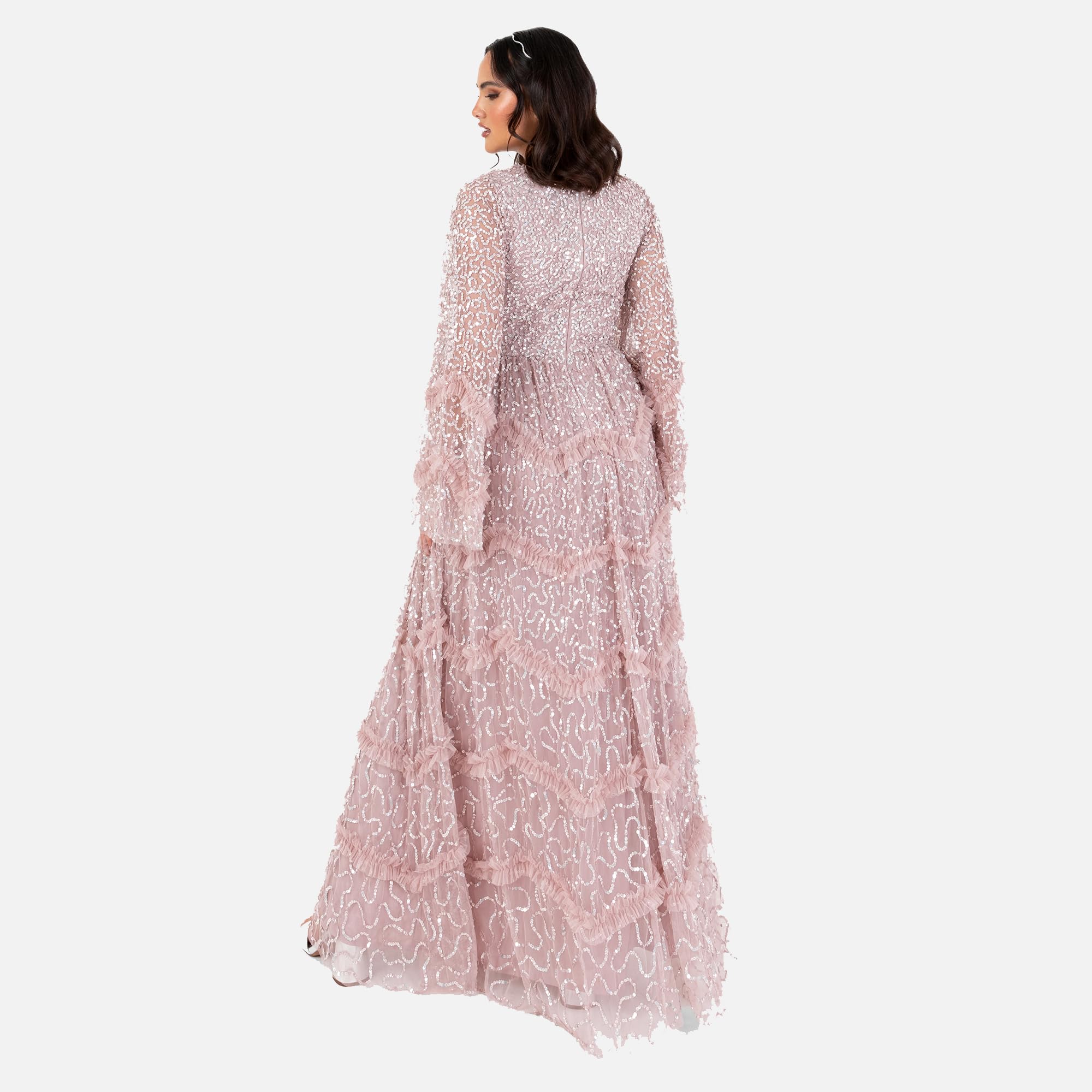 Maya Deluxe Damen Women's Maxi Dress Ladies Modest Round Neck Long Bell Sleeve Sequin Embellished Tiered Ruffle A-line Bridesmaid Prom Dress (1er Pack)