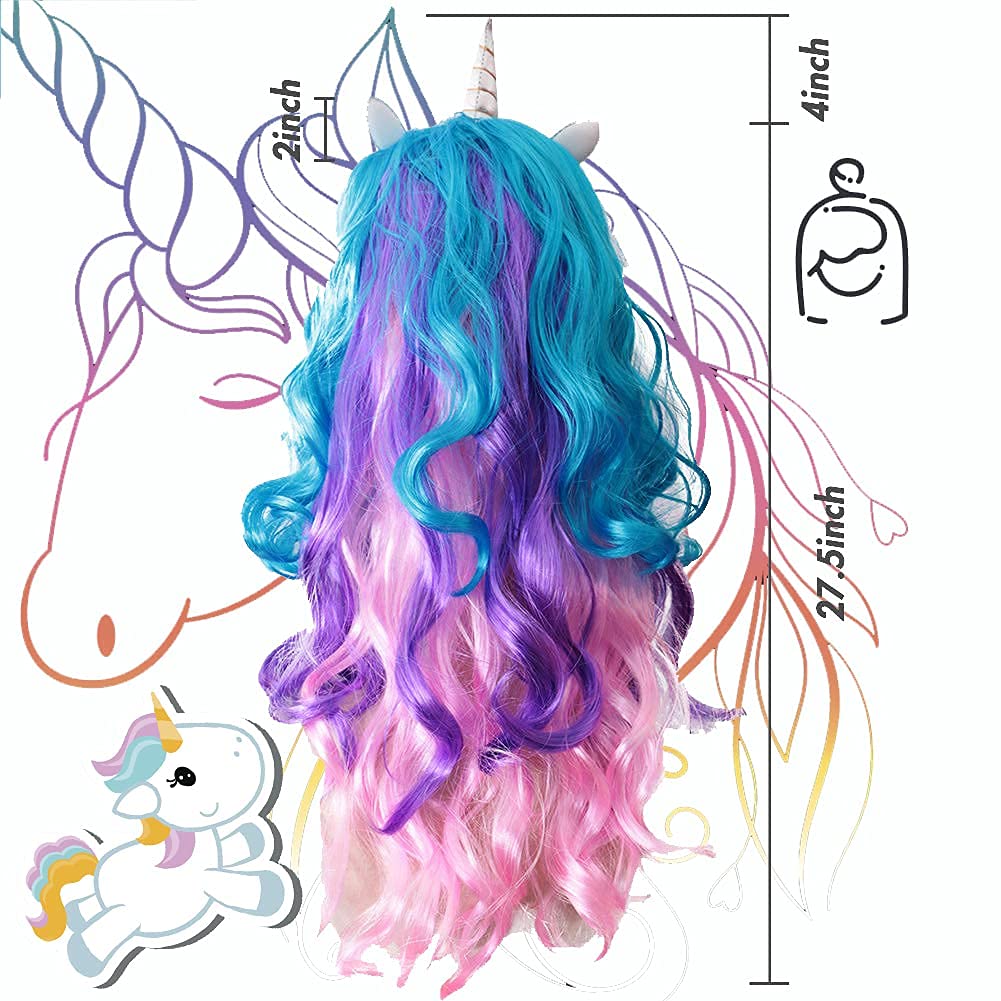 Peluca Unicornio De 60 Cm Con Orejas Y Cuerno: Arcoíris, Rizos, Para Cosplay, Halloween O Fiestas