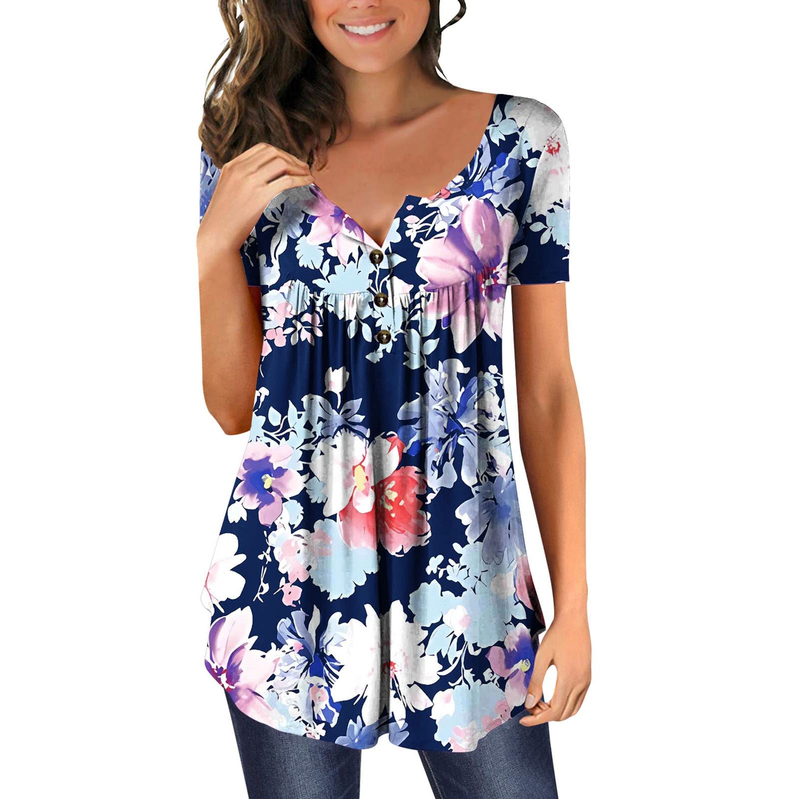 Generic Camiseta Informal con Estampado De Flores para Mujer, Cuello En U, Manga Corta Camiseta Calavera Mujer Mexicanas Camiseta Niño 14 Años Blusa Sin Mangas Mujer Verano Blusa Gasa Mujer