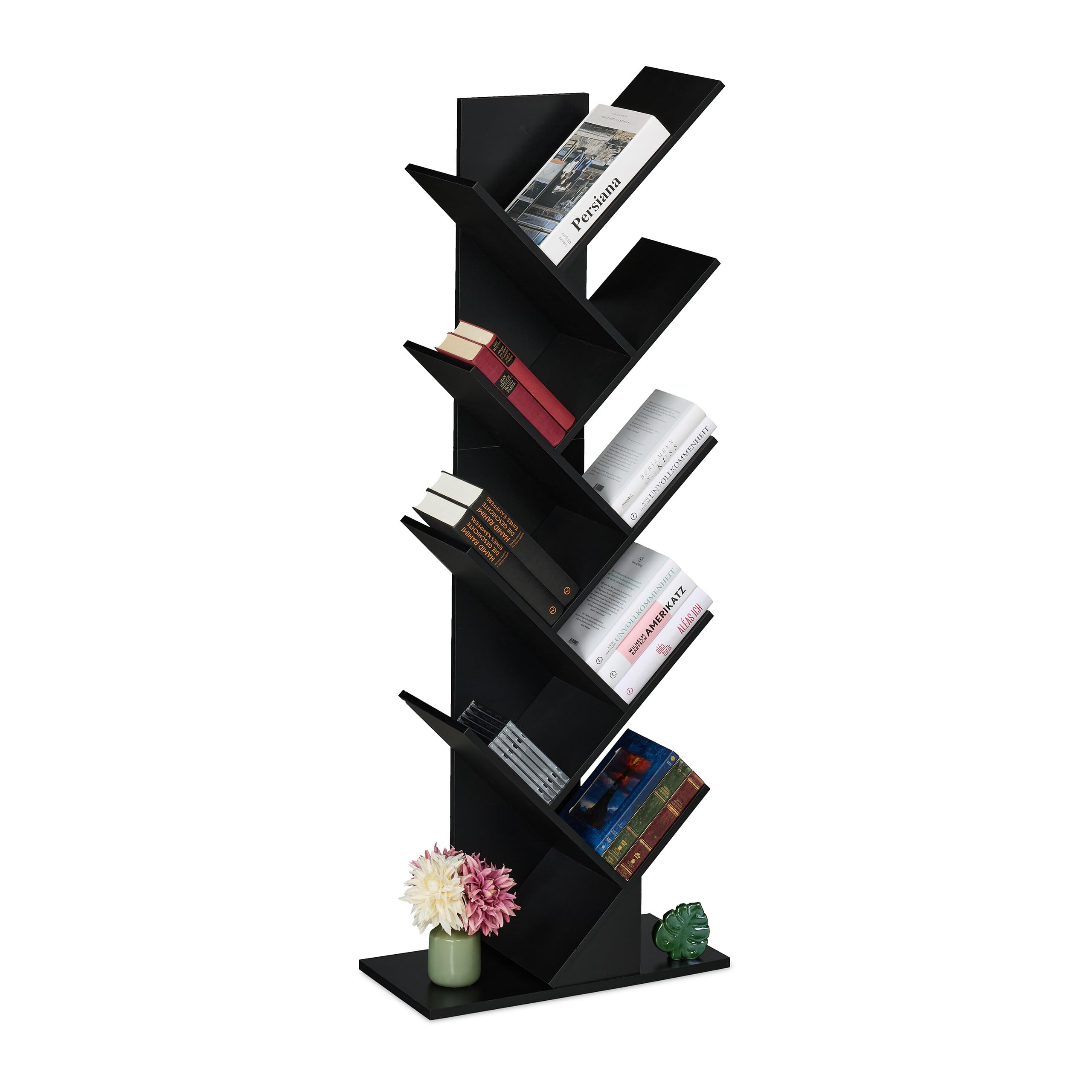 Relaxdays Scaffale Libreria, Mobile Stretto da Terra con 9 Ripiani ad Albero per Libri, CD, HLP: 146x38x22 cm, Nero