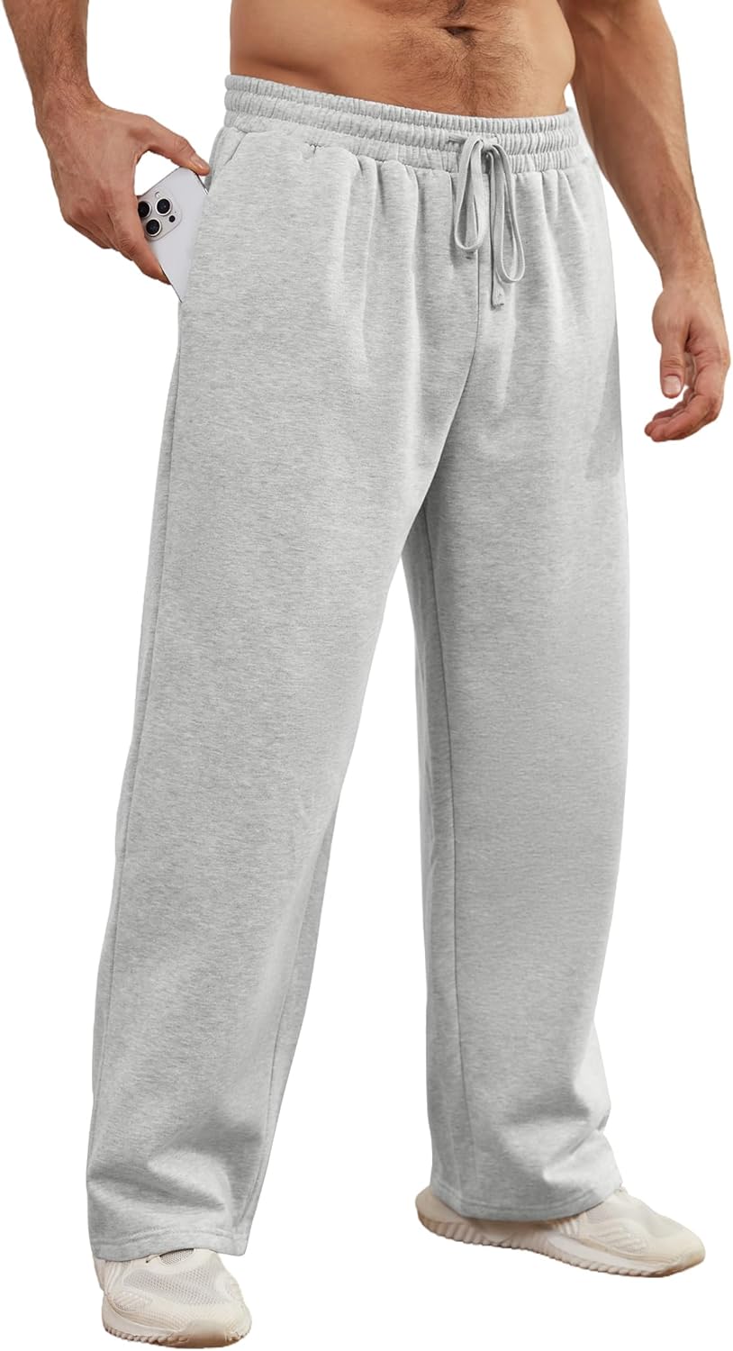 Mens Baggy Sweatpants Open Bottom Fleece Workout Casual Joggers Elastic Waist Drawstring Wide Leg Pants with Pockets - Image 2