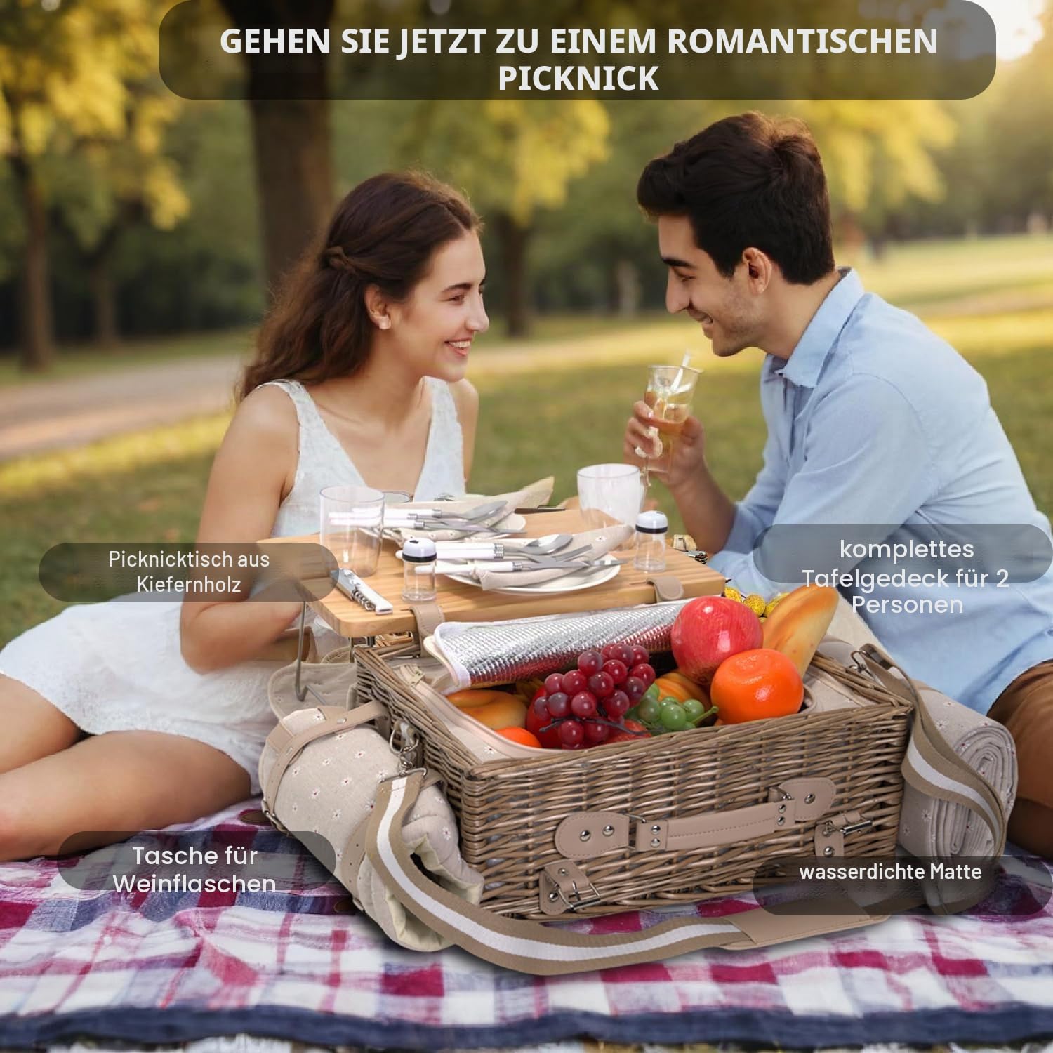 Multifunktionales Weiden-Picknickkorb-Set für 2 mit Decke und Picknicktisch, isoliertes Picknick-Set mit vollem Geschirr für Camping Outdoor Paare, Blumen