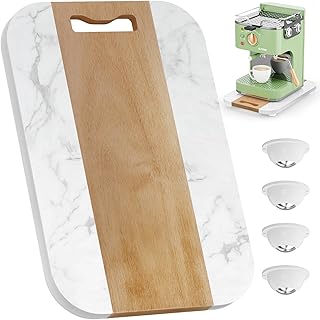 NiHome Appliance Sliding Tray for Coffee Maker, 14"x9.5" Acacia Wood & Marble Smooth Silent Wheels Roll-Out Caddy, Scratch-Free Under Cabinet Countertop Slider for Blender, Air Fryer, Toaster (White)