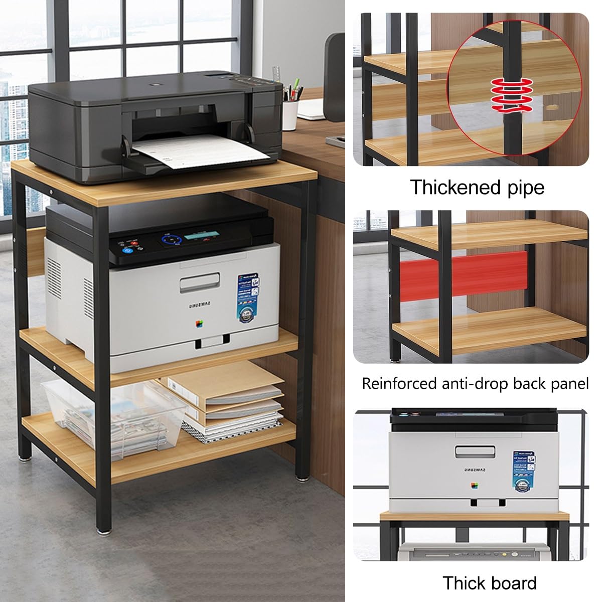 Estructura de Metal Soporte de Impresora de 3 Niveles Estantería de Madera para Impresoras Mesa con Estantes para Oficina en Casa y Espacio de Trabajo(Black,H*W70*40cm/27.5 * 16")