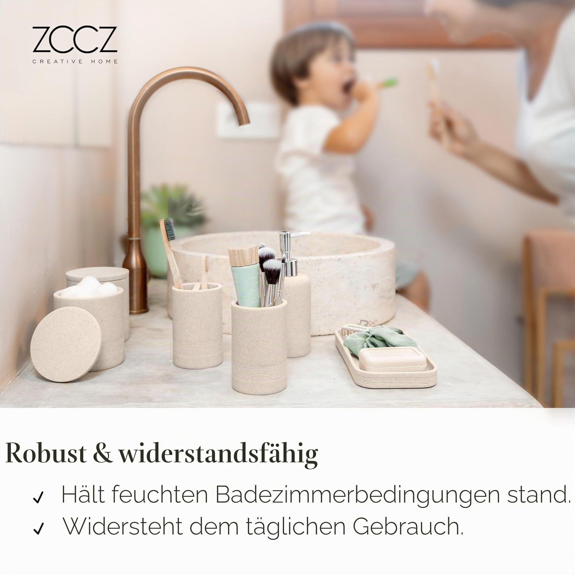 ZCCZ Badezimmer Set – 6 Teile – Badezimmer Organizer mit Zahnbürstenhalter, Seifenspender, Seifenschale, für Kosmetik u. Wattestäbchen – Edle Badezimmer Deko in Marmor-Optik, Sandfarben