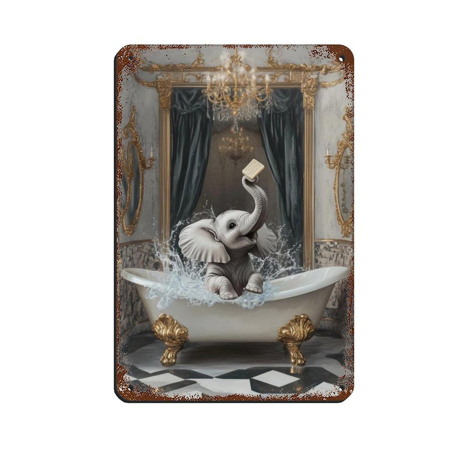 Cute Elephant Splashing in Bathtub Tin Sign Vintage Metal Pub Club Cafe Bar Home Wall Art Decoration Poster Retro 8x12inch(20x30cm)