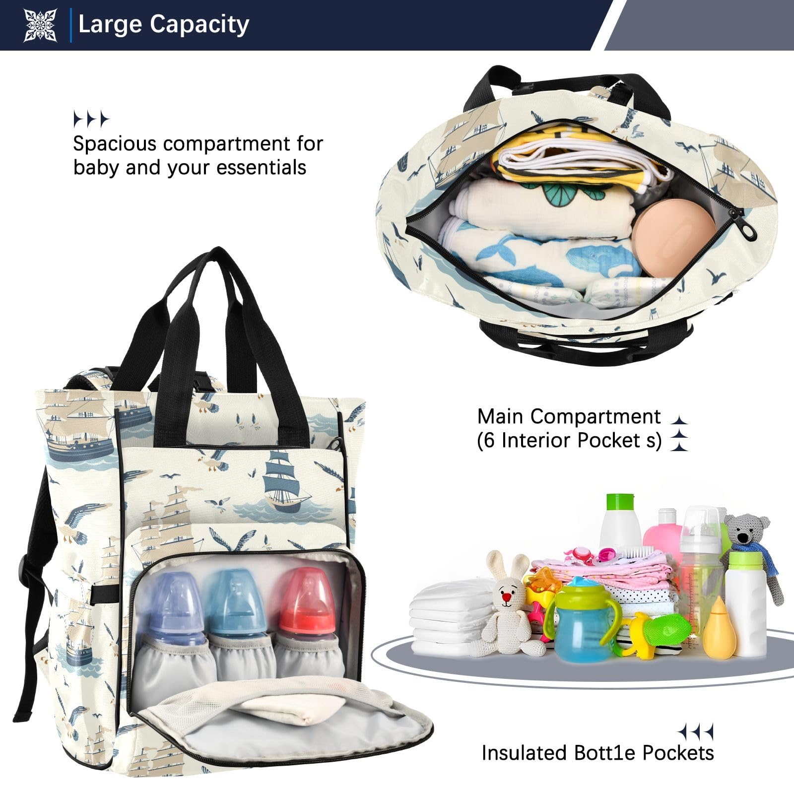 Mnsruu Borsa per pannolini per bambini con uccelli e barca a vela zaino grande borsa impermeabile per pannolini da viaggio per mamme e papà