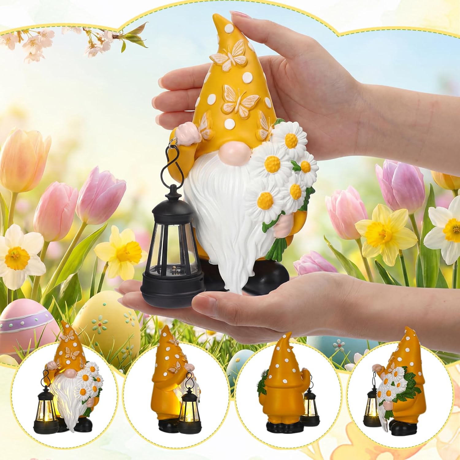 Capoda Solar Spring Gnome Statue 8" Garden Resin Gnome Figurine Holding Lantern with Solar LED Lights Decorations for Table Outdoor Yard Patio Lawn Porch Decor(Daisy)