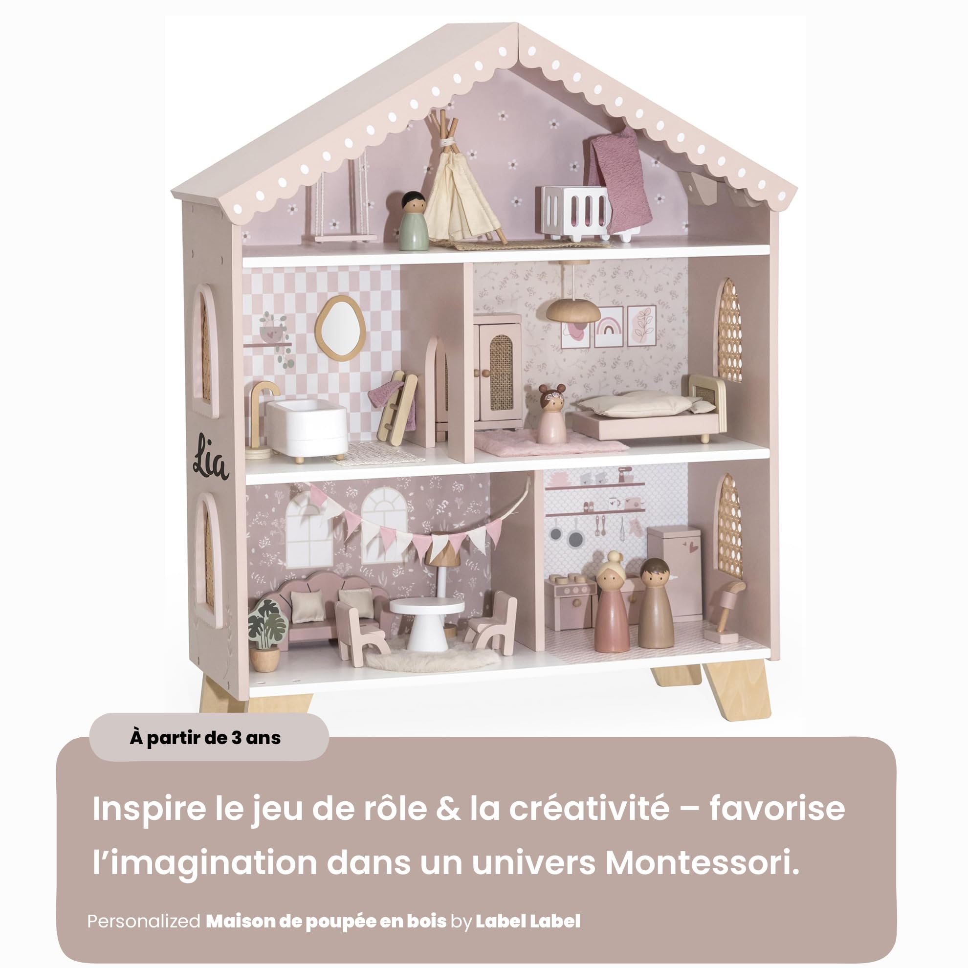 Personnalisable Maison de poupée en Bois Rose – inspirée Montessori & Jeu de rôle – pour Enfants dès 3 Ans – personnalisée avec prénom – Label Label