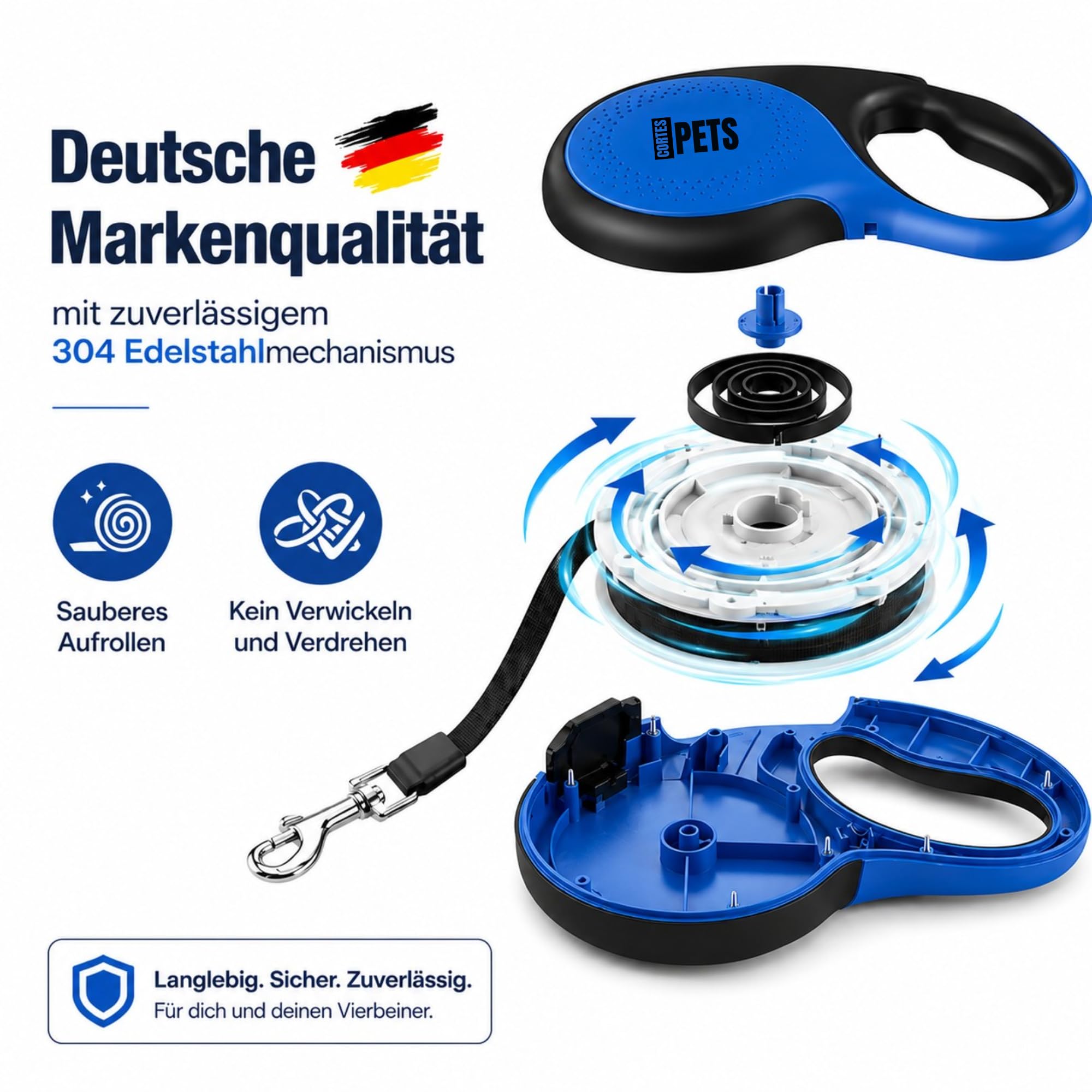 Guinzaglio per cani allungabile Retrattile 8m, con sacchetto per escrementi per canii fino a 50 kg, ideale per cani di taglia grande, media e piccola. (Blu, XL - 8m - fino a 50 kg)