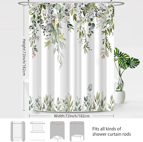 Miniatura 6 de Cortinas de ducha de eucalipto para baño, hojas de acuarela verde salvia con juegos de cortinas de ducha florales con ganchos, decoración de baño