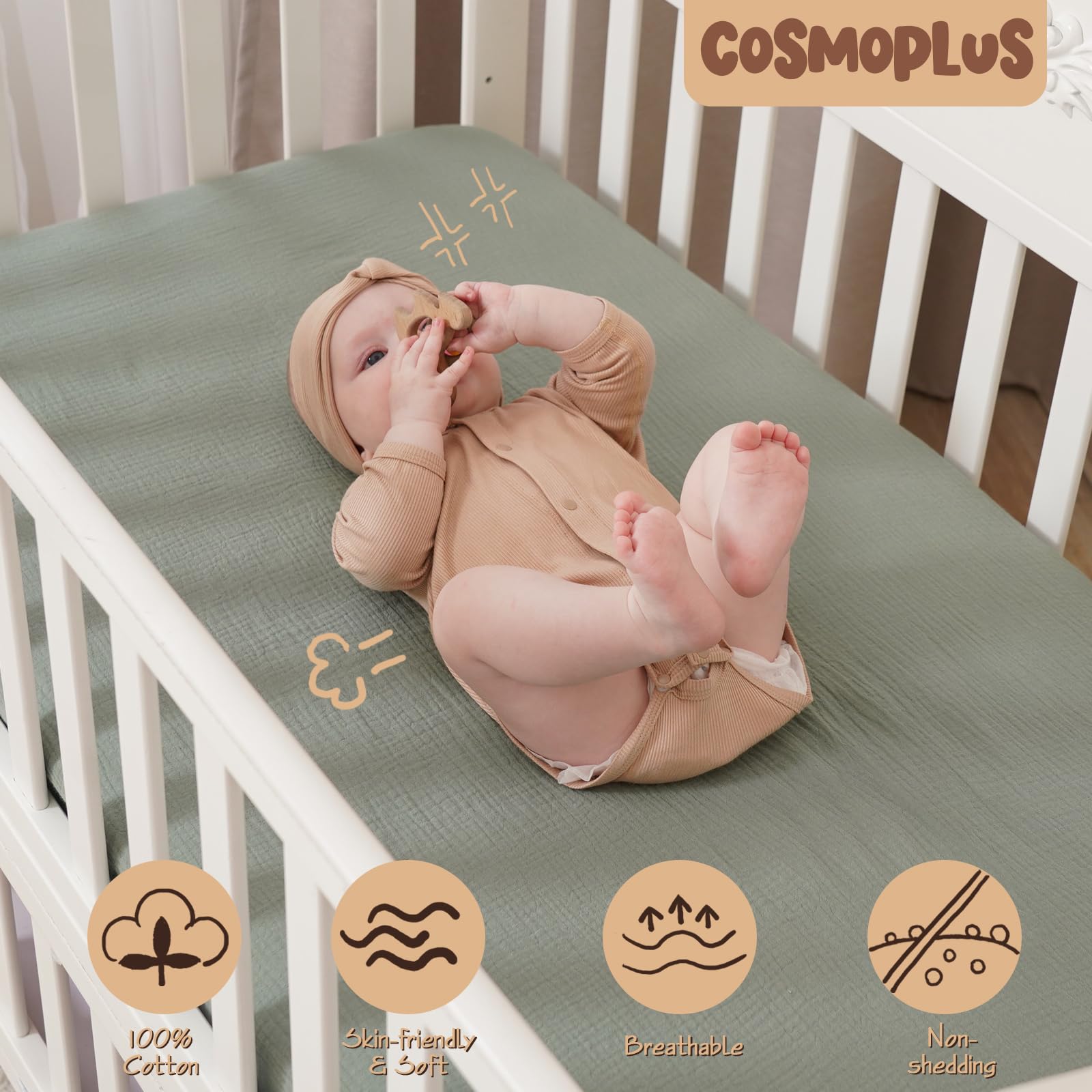 COSMOPLUS - Lenzuola in mussola per culla, unisex, neutre, confezione da 2 pezzi, lenzuolo con angoli per culla standard e materasso per lettino per bambini, cotone biologico, verde ardesia e grigio