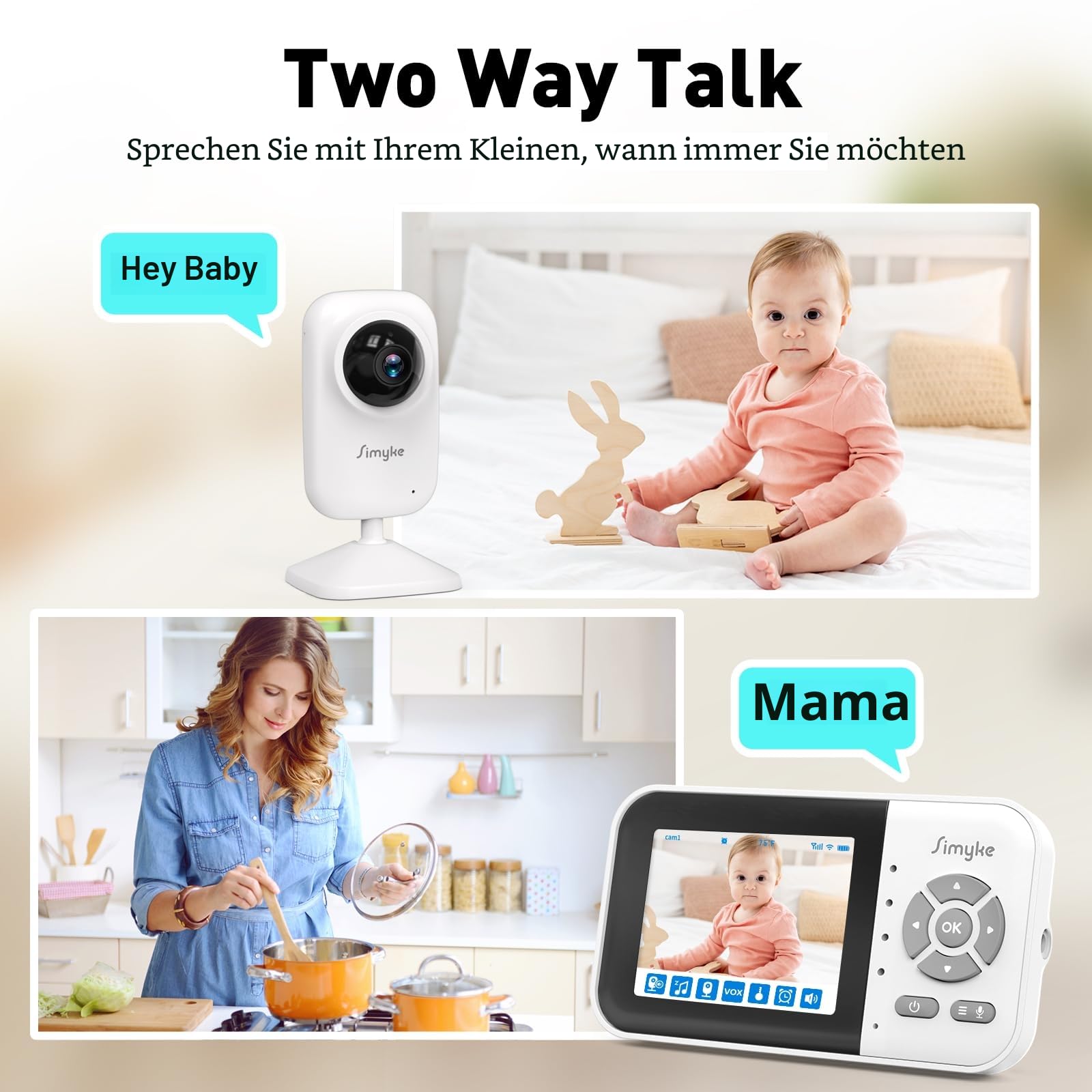 Simyke Babyphone mit Kamera, App und 2.8 Zoll Bildschirmsteuerung Baby Monitor, IR Nachtsicht & Temperatursensor, 2-Wege-Audio, VOX-Modus & Weinerkennung, Bis zu 1000ft