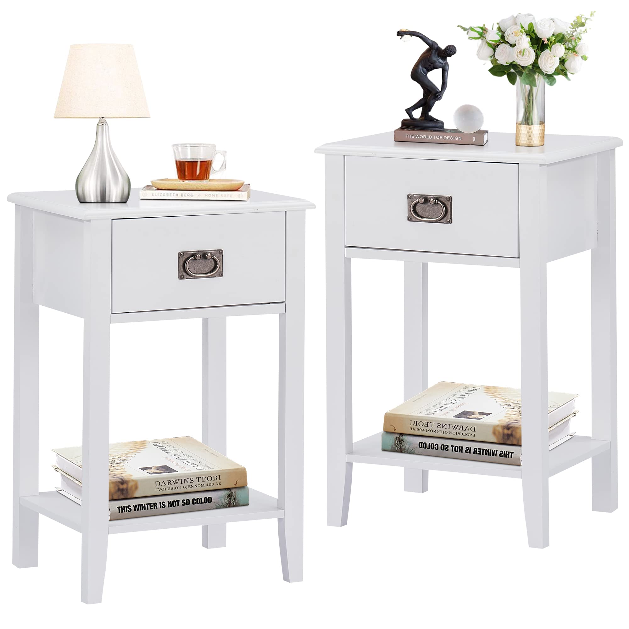 VECELO Nightstands Set of 2 End/Side Tables Living Room Bedroom Bedside, Vintage Accent Furniture Small Space, Solid Wood Legs, One Drawer, White