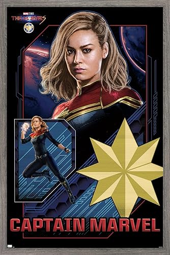 Trends International Marvel The Marvels - Póster de pared de Capitán Marvel, 14.72 x 22.37 pulgadas, versión enmarcada de madera de granero