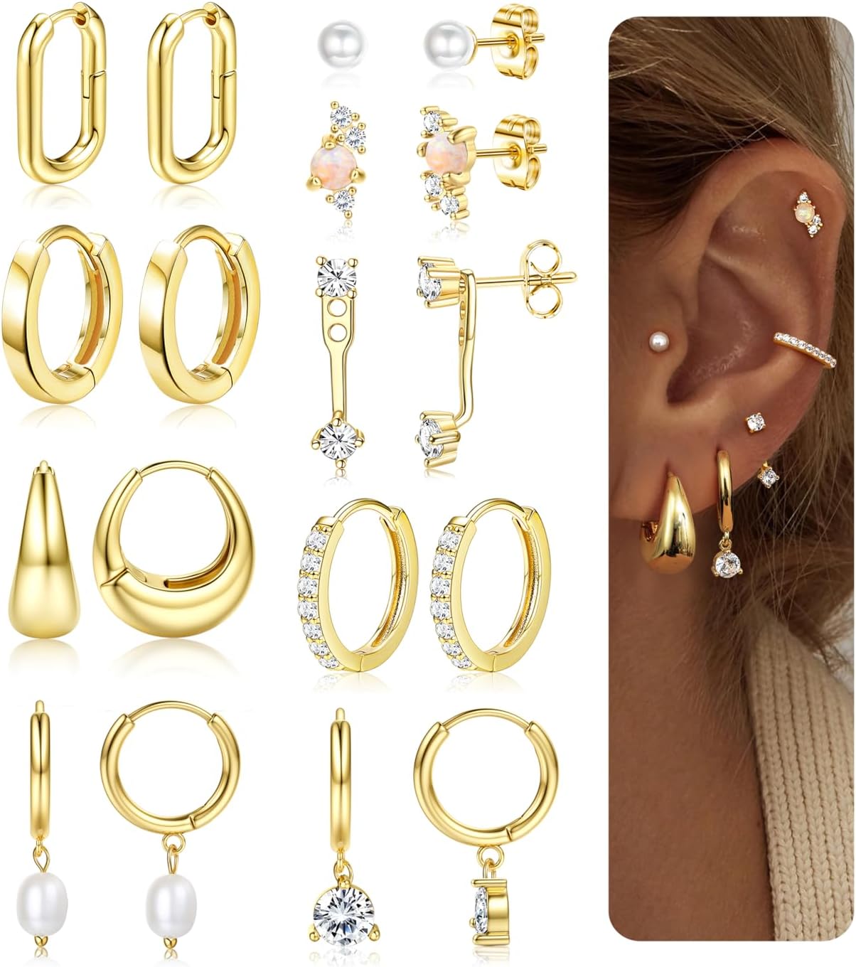 LOLIAS Hypoallergenic 14K Gold Plated Hoop Earring Stacks for Women -Huggie Stud Hoop Earrings Small Stainless Steel Cartilage Earring Sets for Multiple Piercing Lightweight 9Pairs