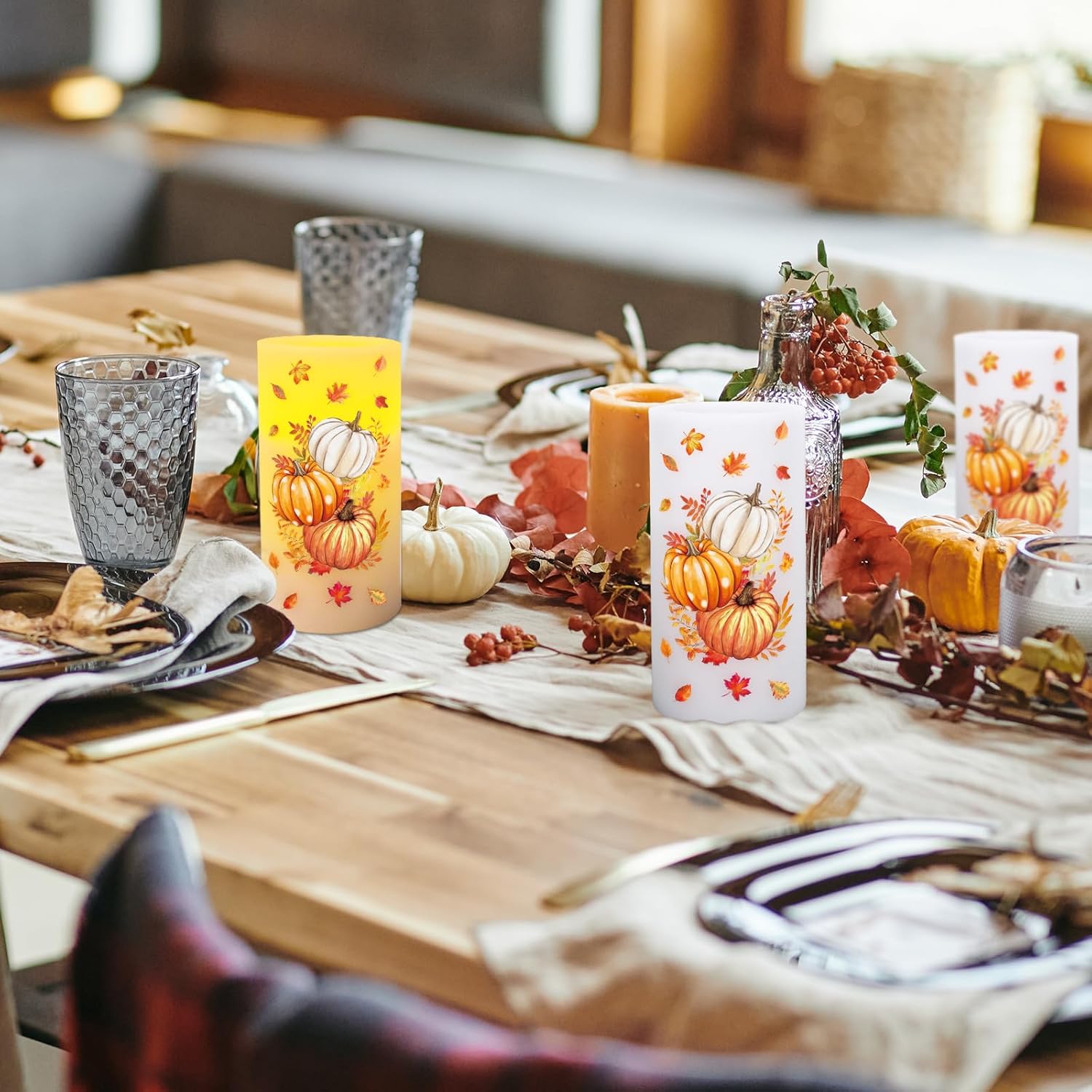 Whaline Fall LED Flameless Candles Orange Pumpkin Warm Light Battery Operated Pillar Candles Autumn Electric Flickering Candle for Thanksgiving Party Home Decor, Set of 3