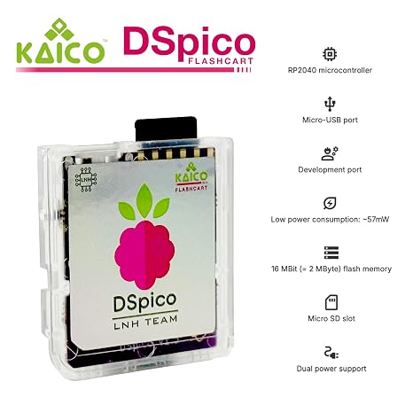 Kaico DSPico RP2040 Development Card Compatible with Nintendo DS/DSi | Open-source RP2040 hardware with 16Mbit memory, Micro-USB port, low-power design, status LEDs, and no preloaded content