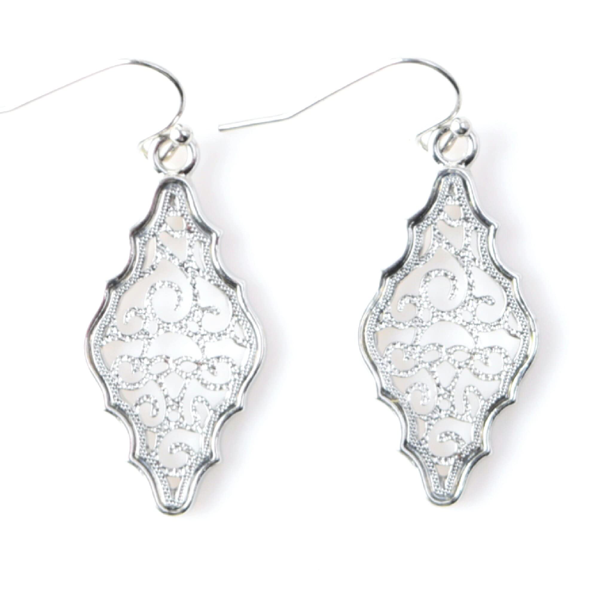 ALLISON ROSE ATELIER– Boho Dangle Earrings – Handmade Two Tone Worn Gold and Silver Plating or Silver Plated. Quatrefoil Shape Filigree Medallion - Medium Chandelier Drop 1.50” L x 0.60” W -