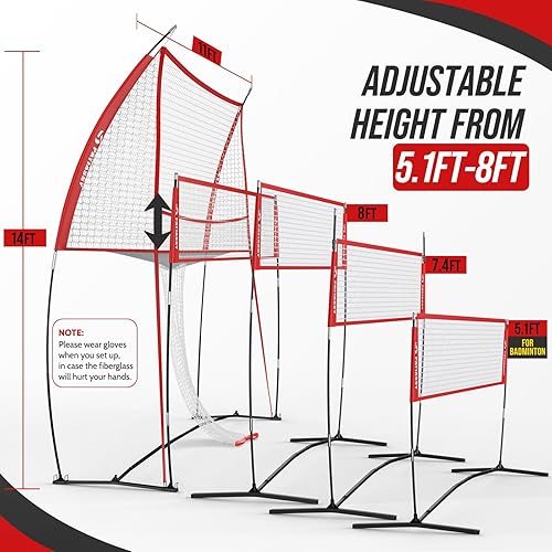 Miniatura 21 de Red de práctica de voleibol independiente de 14 pies para uso en interiores o exteriores, juego de entrenamiento de voleibol portátil ajustable