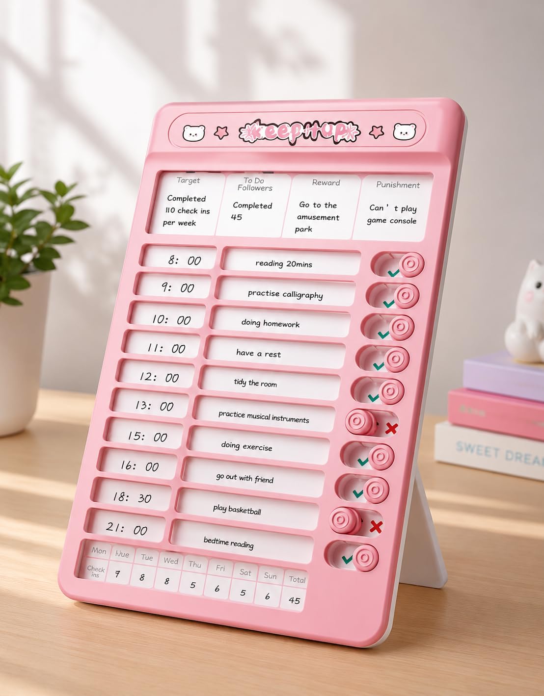 Habit Tracker Board with Daily Schedule Planner, Pink | Goal-Oriented, Easy Tap Control, Visual Progress, Includes Record Cards, Time Management-image-20