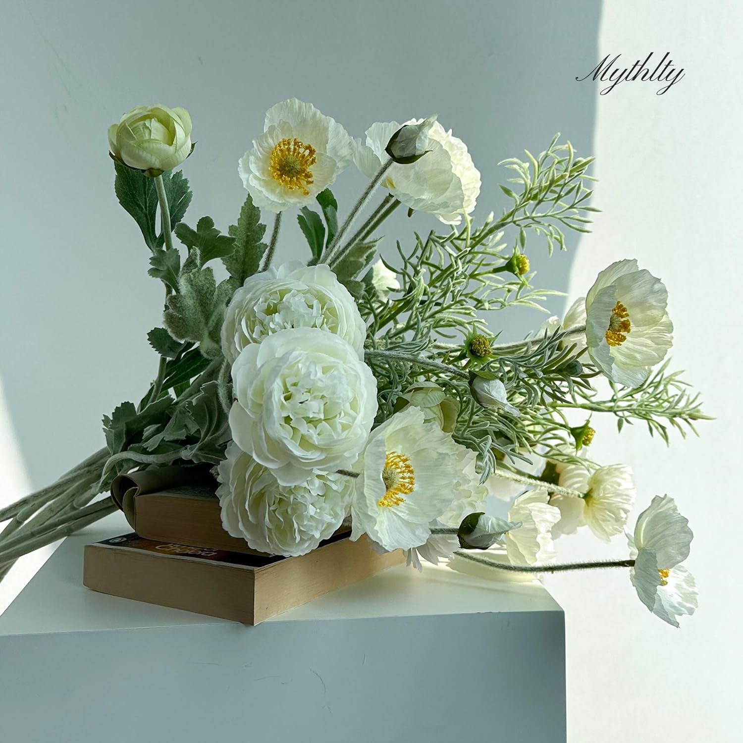 Silk Flowers with Stems for Tall Vase, Fake Flowers with White Peonies Poppies and Fake Greenery Stems mixed for Home Office Farmhouse Table Indoor Spring Decorations, Birthday Wedding Gift Decor