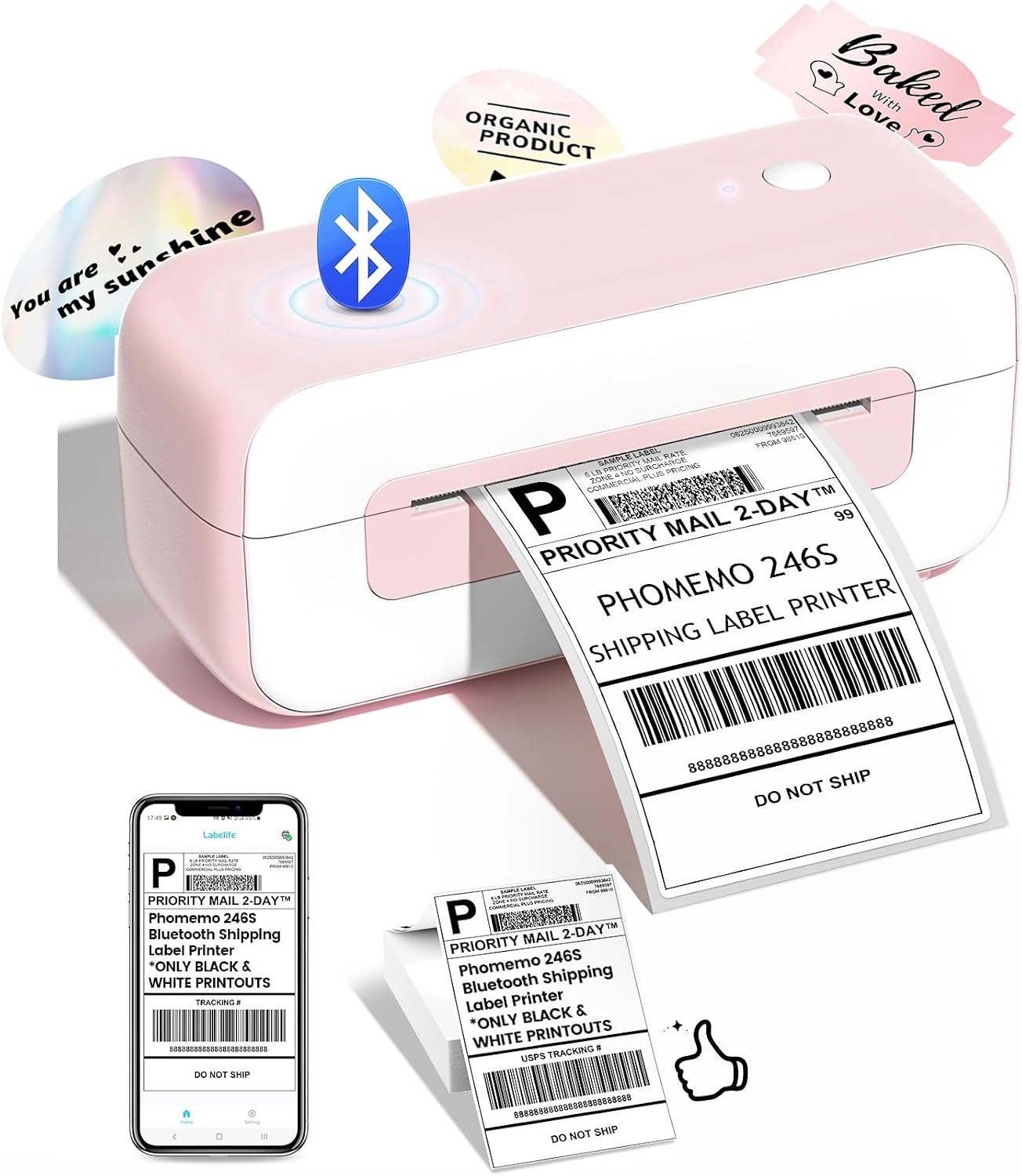 Phomemo 246SBT Shipping Label Printer- 4x6 Bluetooth Thermal Printer, Pink
