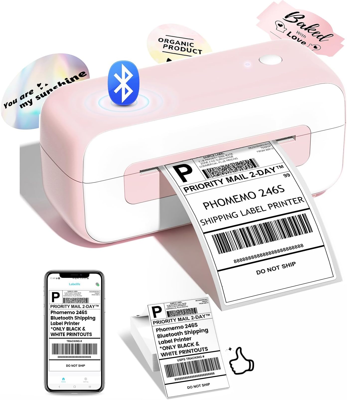 Phomemo Shipping Label Printer- Bluetooth Thermal Label Printer 4x6 for Small Business, Compatible with iPhone Android Windows Mac, Fast Inkless Printing for Amazon Shopify USPS FedEx - Pink