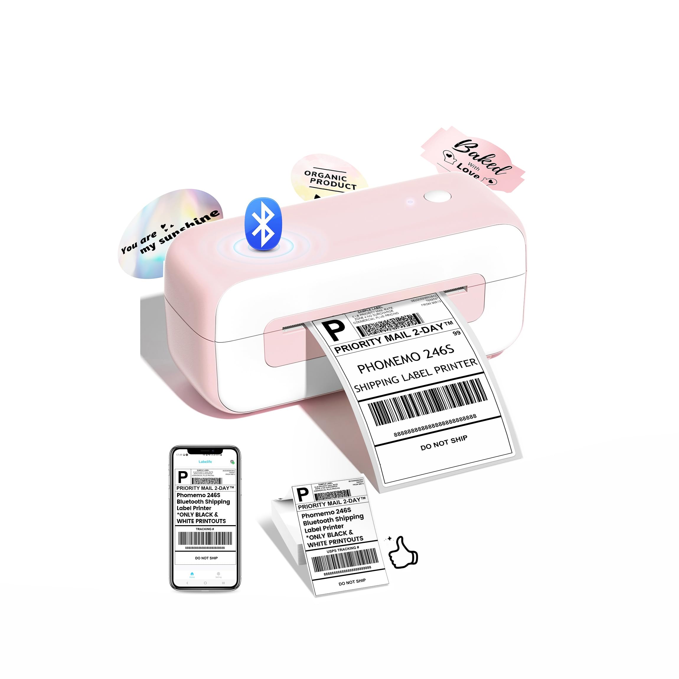 Phomemo Bluetooth Thermal Shipping Label Printer, 2024 Upgrade 4x6 Desktop Thermal Label Printer for Shipping Packages/Small Business/Office/Home, for Amazon, Ebay, Shopify, Etsy, UPS, FedEx - Pink