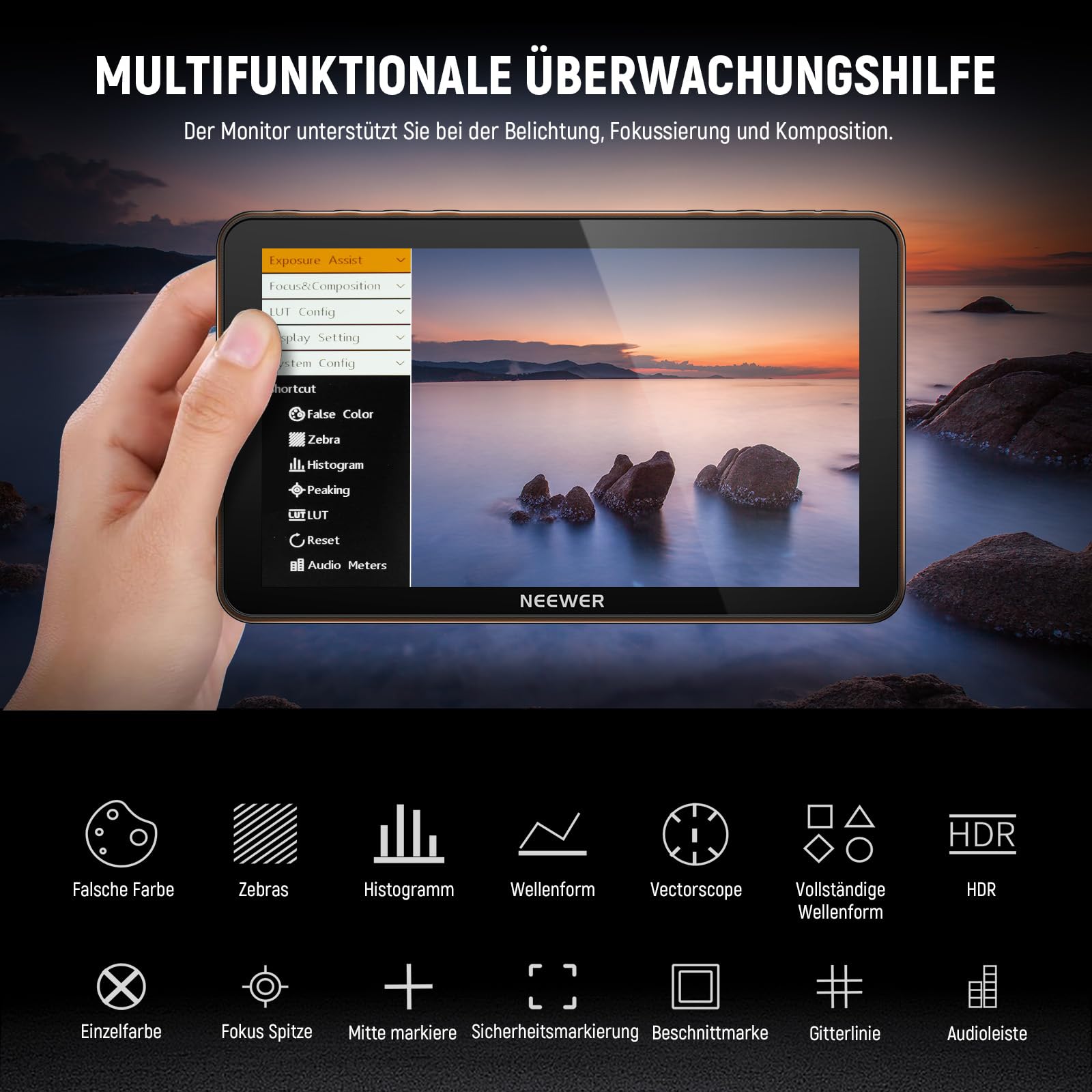 NEEWER F700 7Zoll Kamera Feld Monitor, 2000nit HD 1920 x 1080 IPS Touchscreen, 3D LUT, 4K HDMI Loop in/Out Peak Focus DSLR Video Assist HDR Waveform, Cold Shoe Mount, 2 NP-F750 Akkus, Reinigungstuch