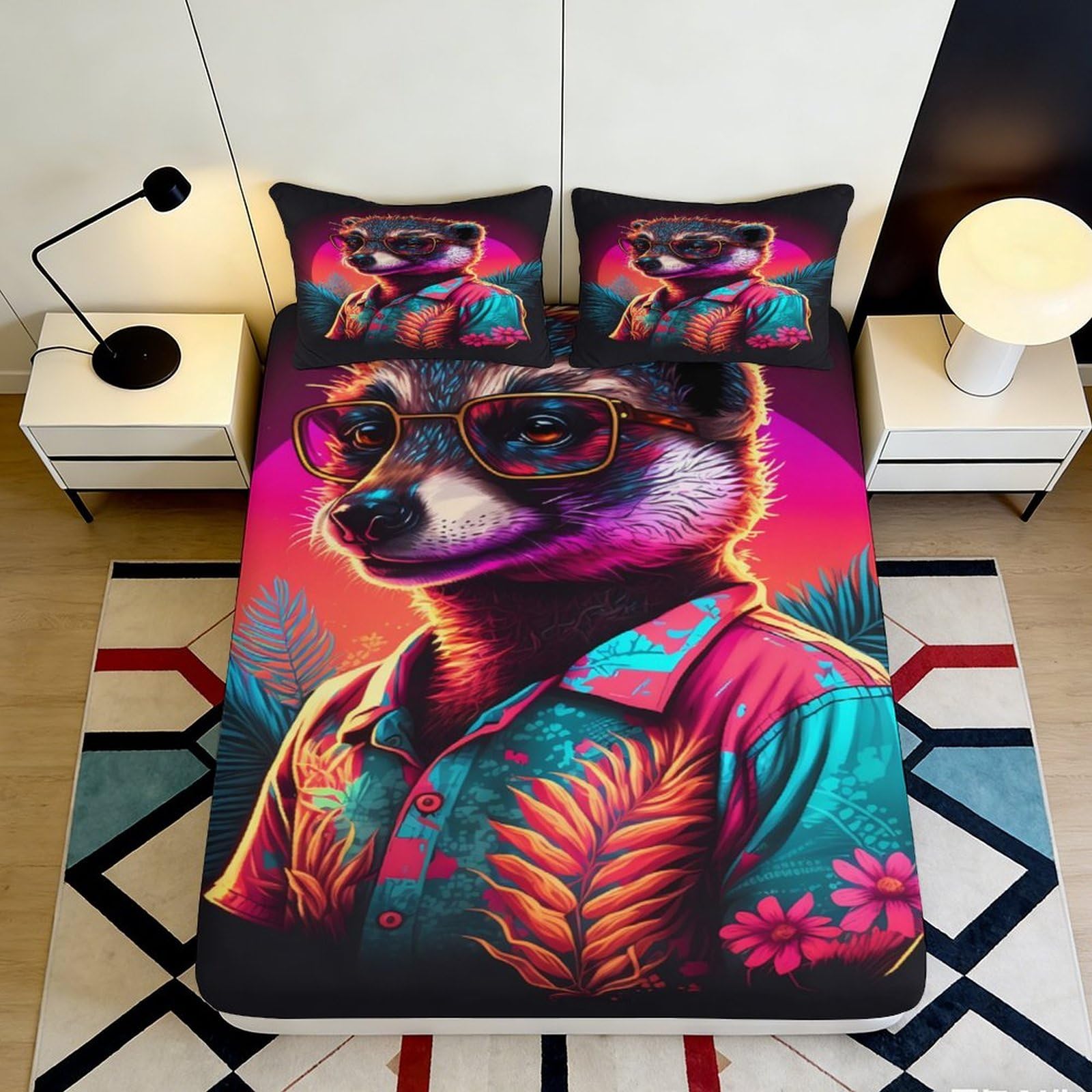 3D Printed Meerkat with Glasses Fitted Sheet Microfiber Vibrant Tropical Shirt Mattress Cover Bedroom Dorm Decor 140x200x25cm