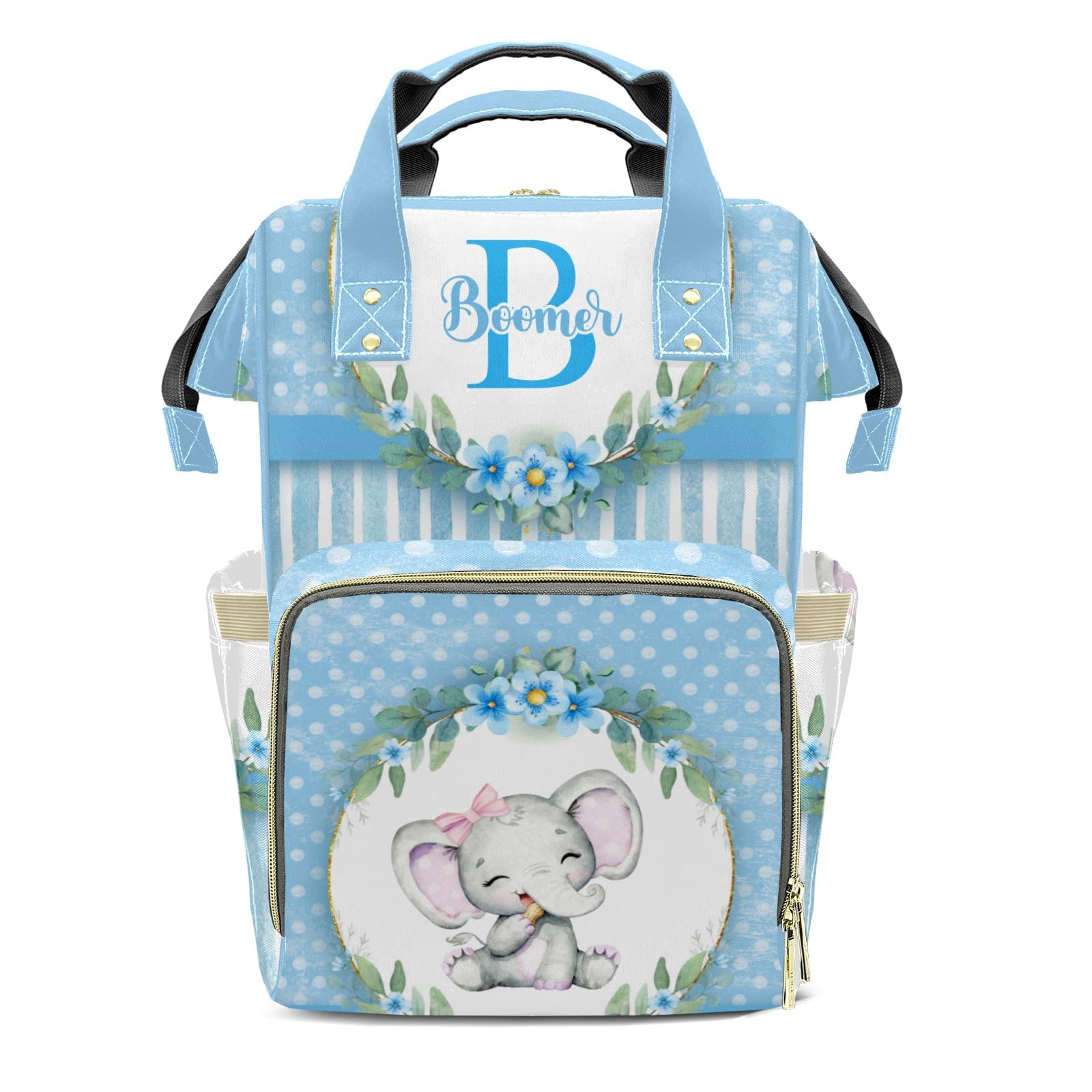 Personalized Diaper Bag Backpack Name Watercolor Floral Wreath Dot Elephant Multifunction Travel Backpack Nappy Bag Daypack for Mom Dad Boy Girl