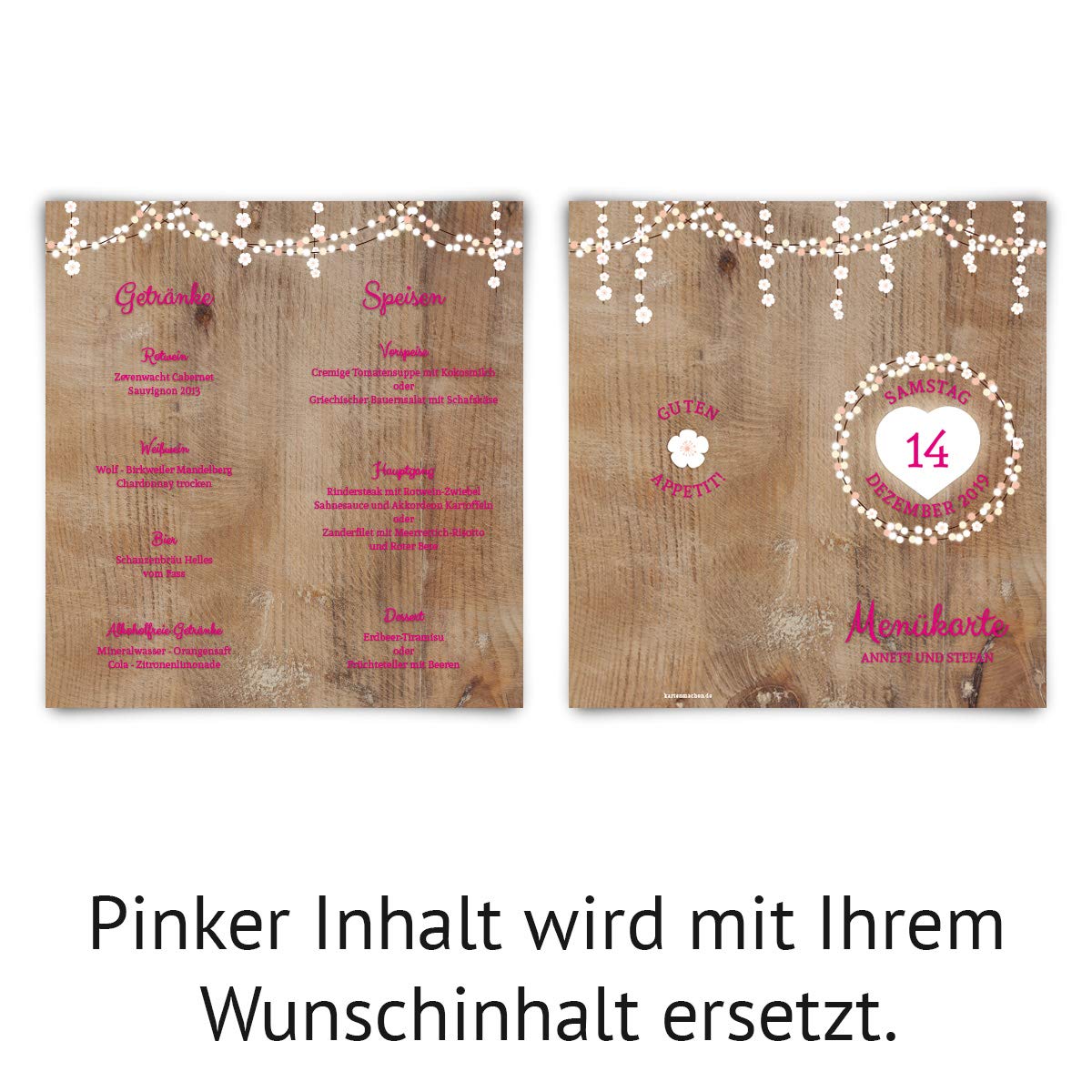 50 x Menükarten Hochzeit Menü individuell Klappkarten Speisekarten Getränkekarten - Holz Lichtgirlande