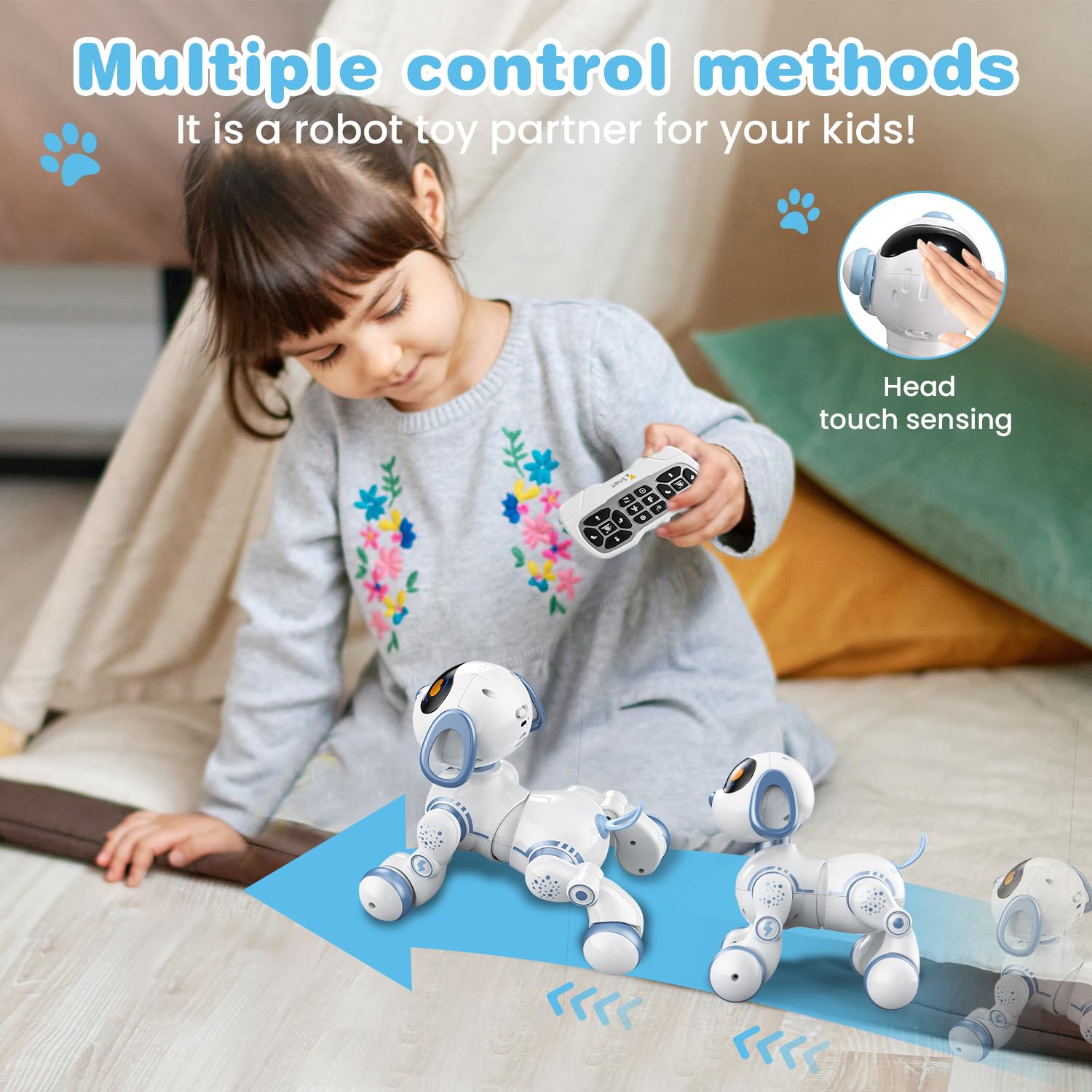 Perro robot, perro a control remoto para niños con detección táctil de cabeza y función de música, robot interactivo programable, divertido juguete de regalo para niños de 3 a 7 años, azul 5
