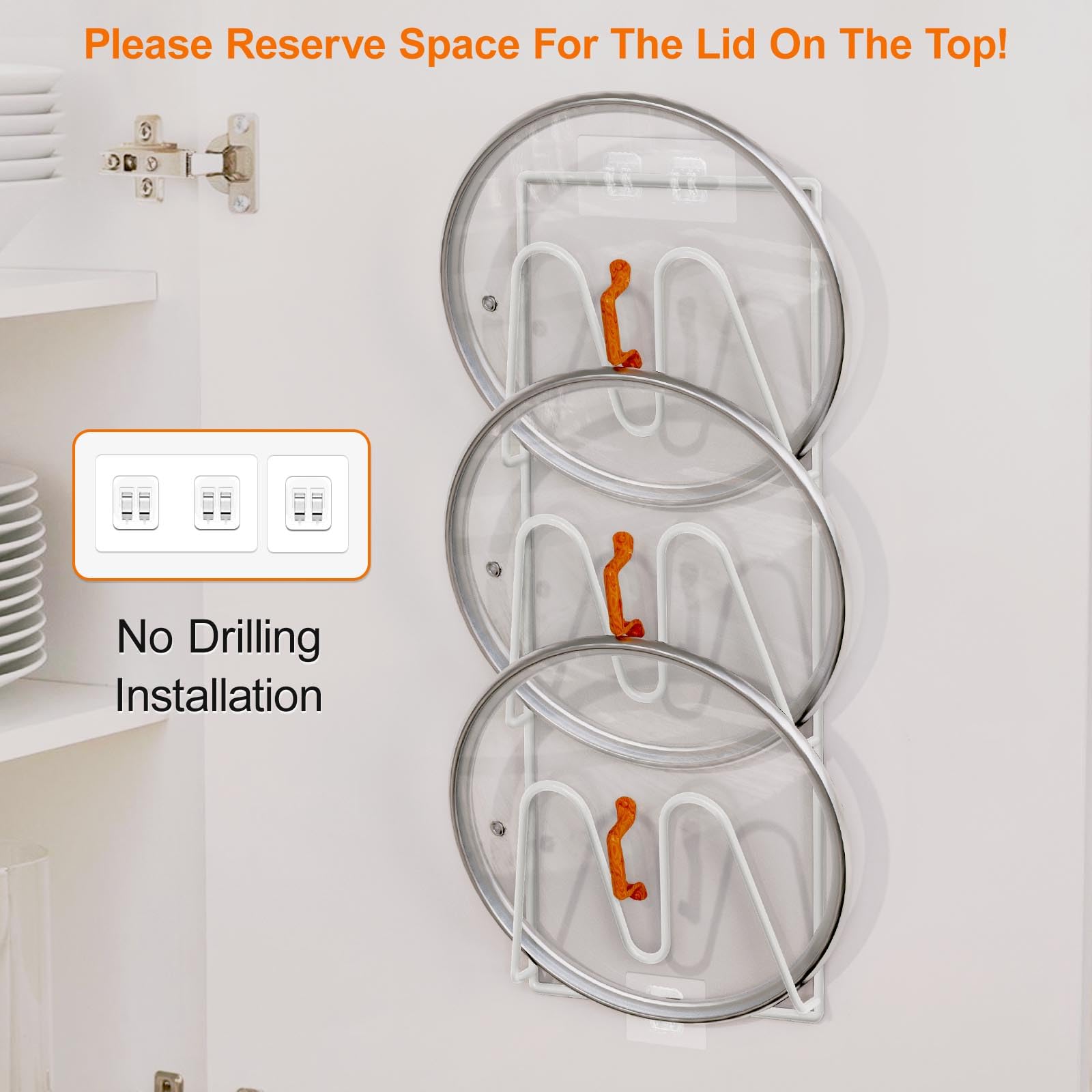 Topfdeckel-Organizer, 6 Ebenen, Topfdeckel-Halter für Schranktür/Wand, kein Bohren, selbstklebend, Wand-/Türmontage, rostfrei, Topf- und Pfannenabdeckung für die Küche, Weiß, 2 Stück